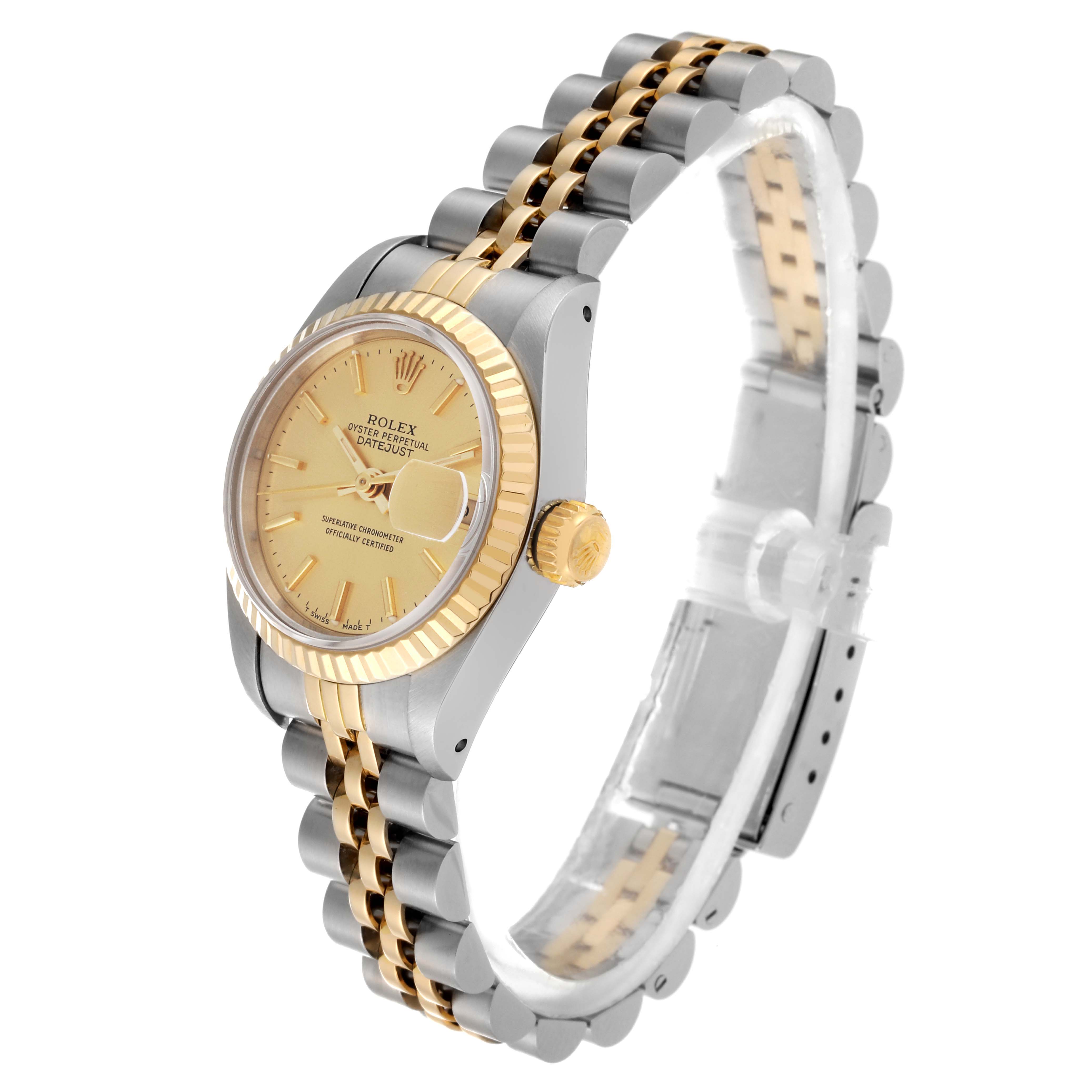 This image shows a side angle of a Rolex Datejust 69173 Women's Steel and Gold (two tone) Champagne Dial 69173 Women's Steel and Gold (two tone) Champagne Dial watch, highlighting the gold and silver bracelet, bezel, and face.
