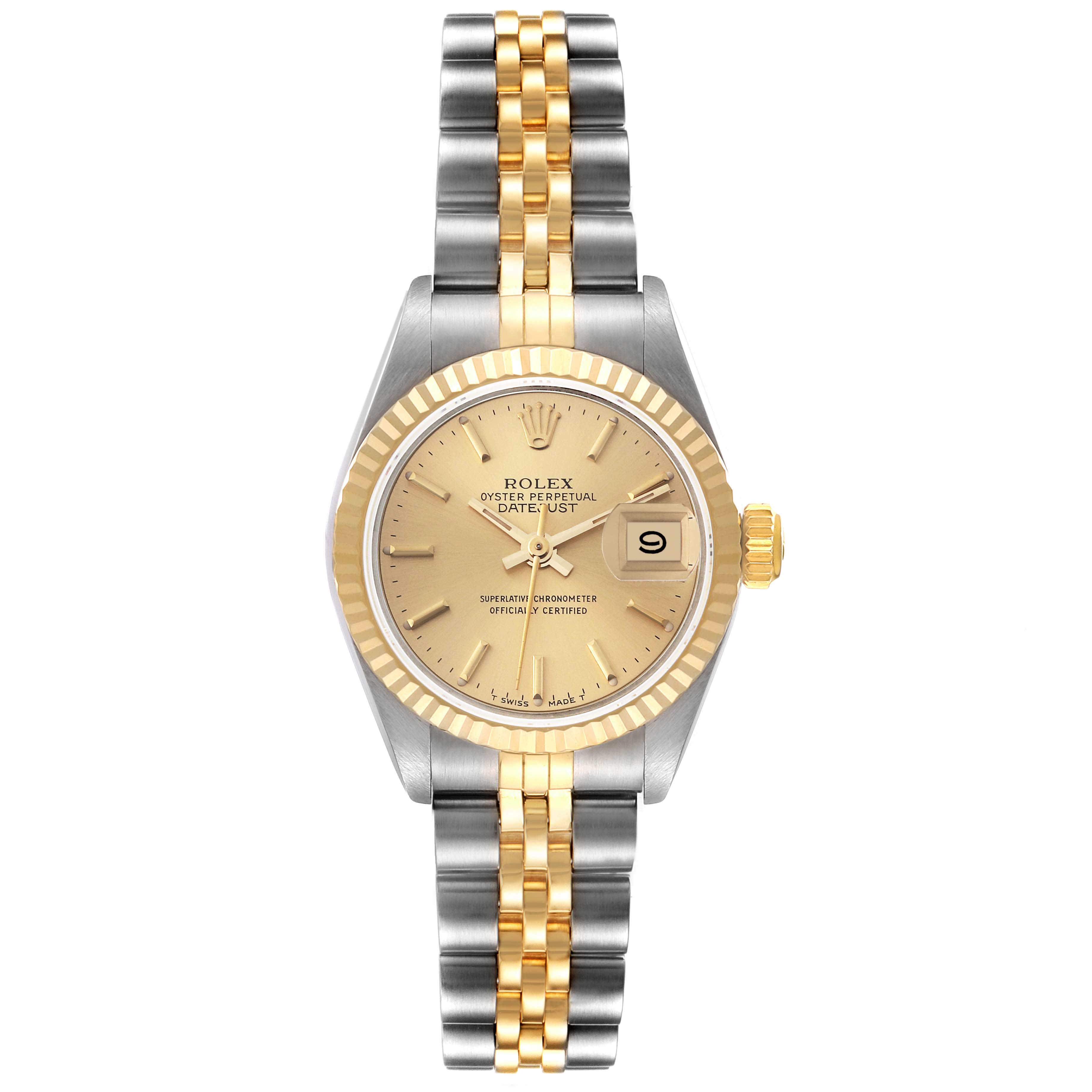 This Rolex Datejust 69173 Women's Steel and Gold (two tone) Champagne Dial 69173 Women's Steel and Gold (two tone) Champagne Dial watch is shown from a straight-on angle, displaying its face, dial, bezel, and two-tone bracelet band.