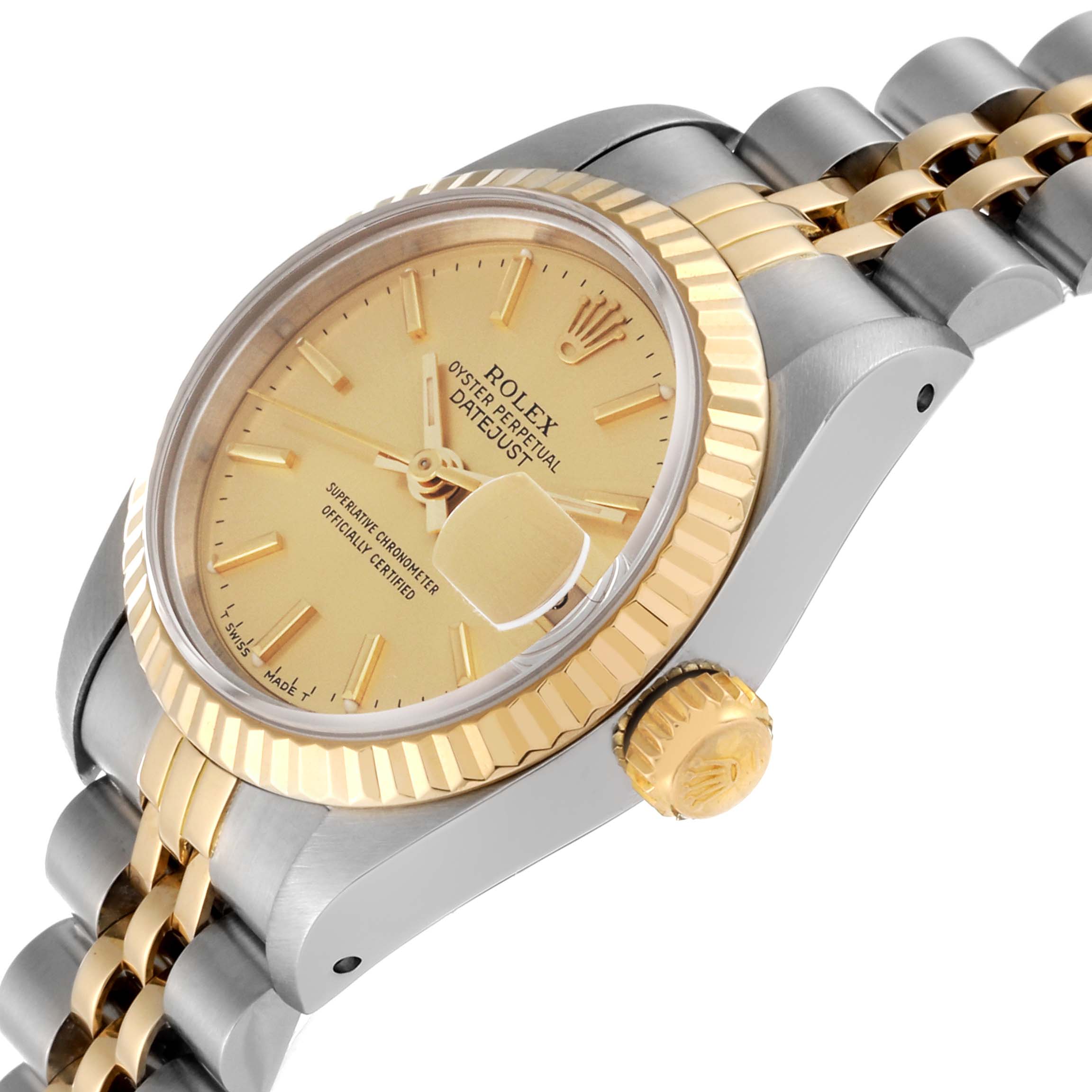 This image shows a side view of the Rolex Datejust 69173 Women's Steel and Gold (two tone) Champagne Dial 69173 Women's Steel and Gold (two tone) Champagne Dial watch, highlighting the face, crown, and part of the bracelet.