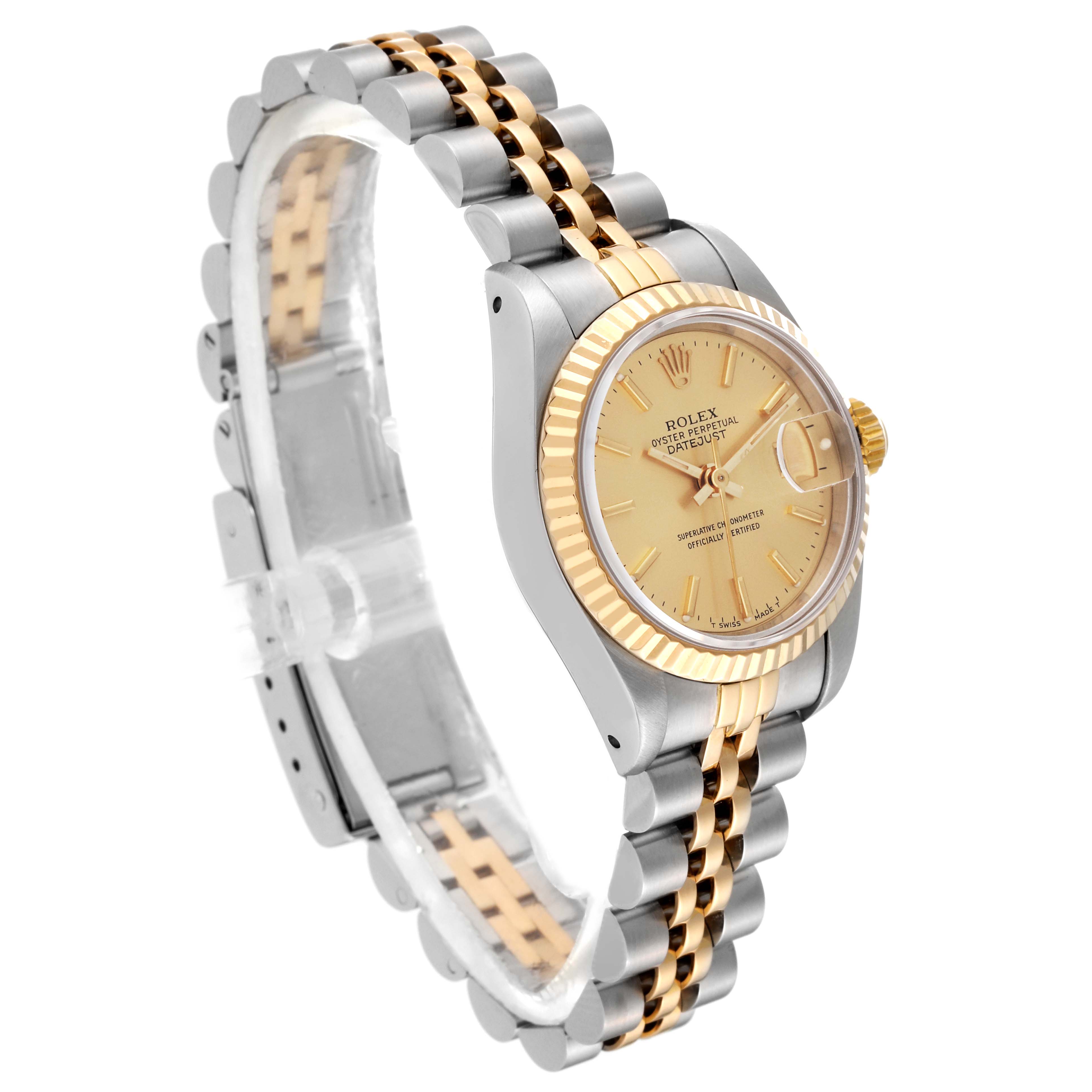 The image shows a Rolex Datejust 69173 Women's Steel and Gold (two tone) Champagne Dial 69173 Women's Steel and Gold (two tone) Champagne Dial watch from a front-side angle, displaying the face, bezel, and bracelet.