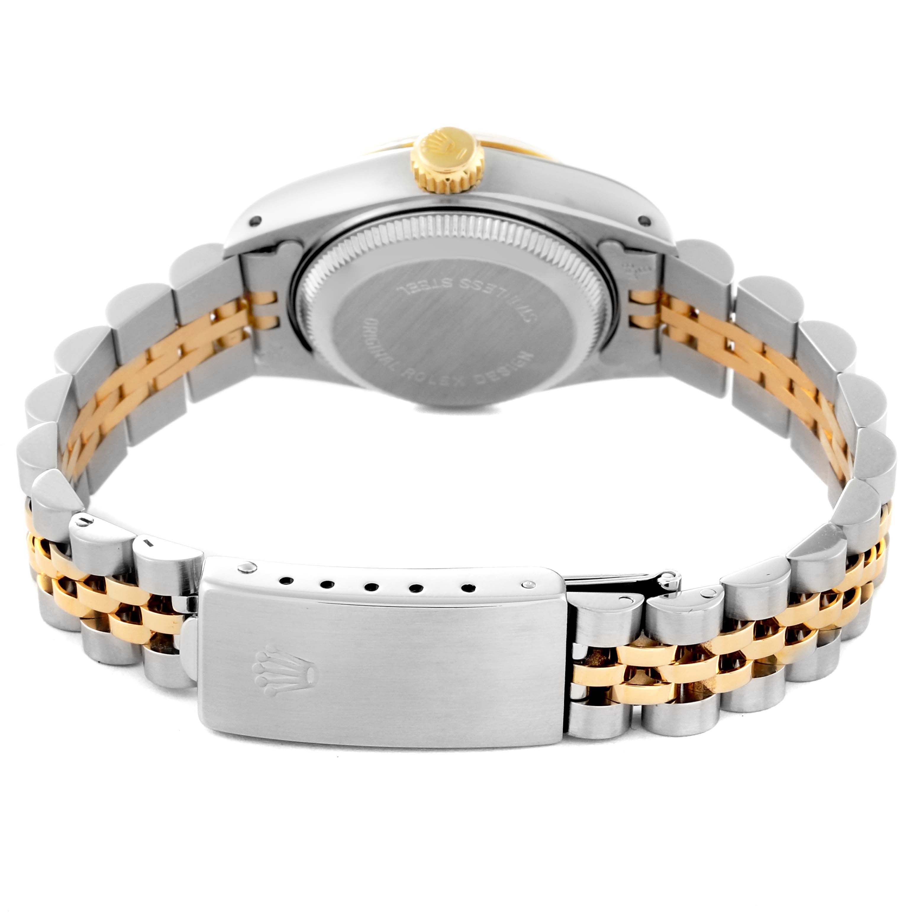 This image shows the back and clasp of a Rolex Datejust 69173 Women's Steel and Gold (two tone) Champagne Dial 69173 Women's Steel and Gold (two tone) Champagne Dial watch, highlighting its two-tone metal bracelet and case back.