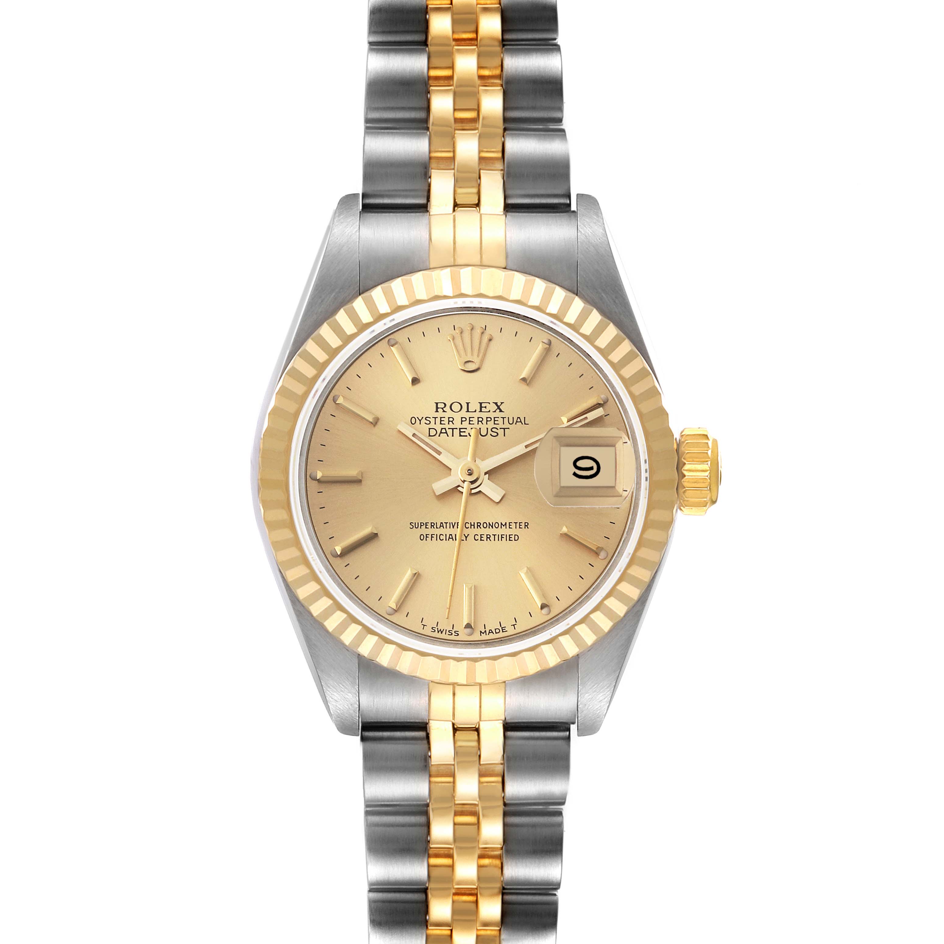 The image shows a front view of a Rolex Datejust 69173 Women's Steel and Gold (two tone) Champagne Dial 69173 Women's Steel and Gold (two tone) Champagne Dial watch, featuring a gold dial, date display, and a two-tone metal bracelet.