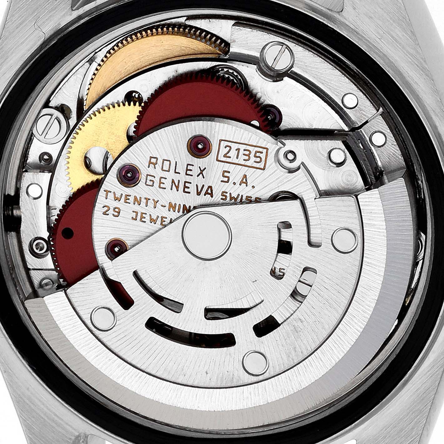 The image shows the internal mechanism of the Rolex Datejust 69173 Women's Steel and Gold (two tone) Champagne Dial 69173 Women's Steel and Gold (two tone) Champagne Dial model, focusing on the gears and movement parts.