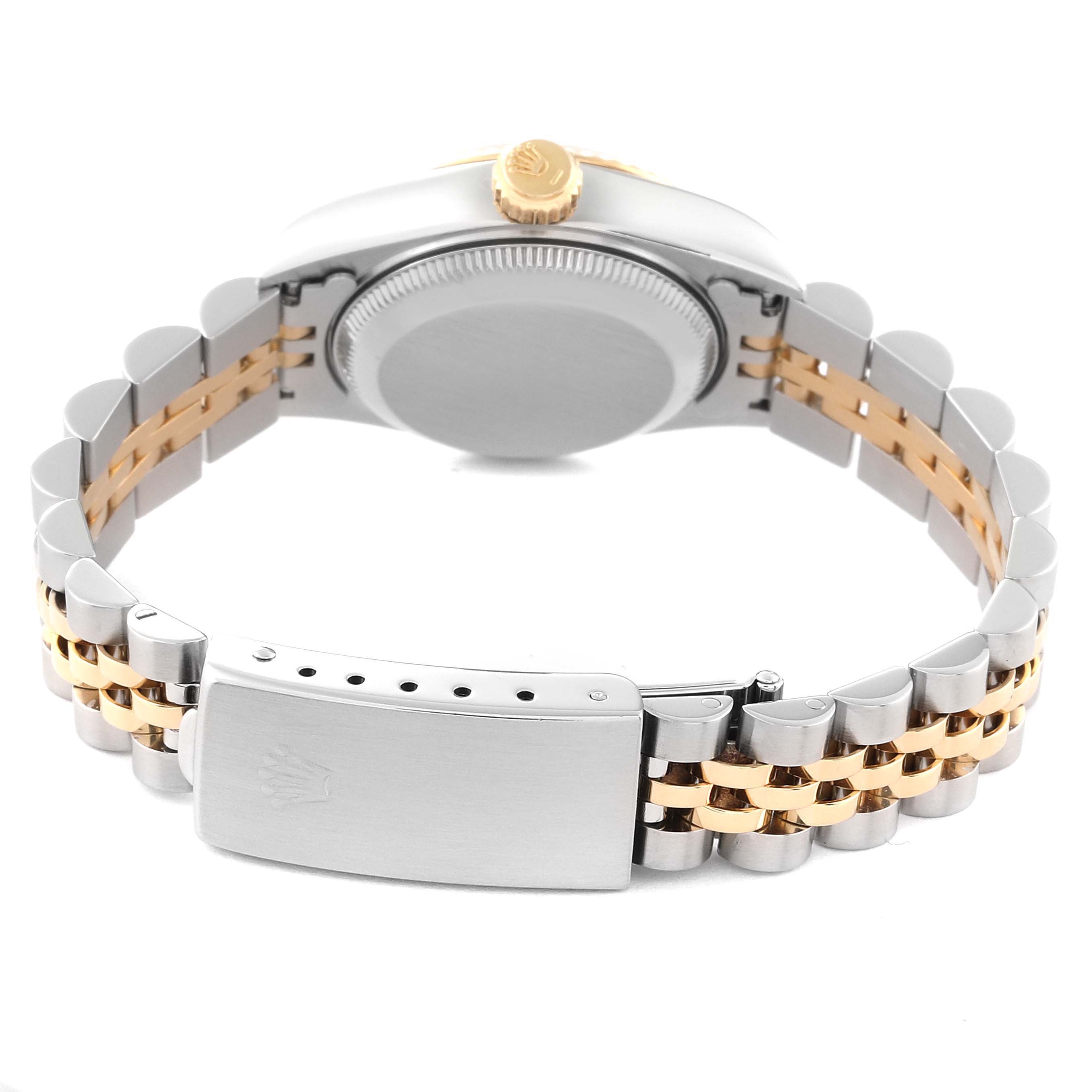 The image shows the back of the Rolex Datejust 69173 Women's Steel and Gold (two tone) Champagne Dial 69173 Women's Steel and Gold (two tone) Champagne Dial watch, highlighting the case back, crown, and two-tone bracelet with the clasp.