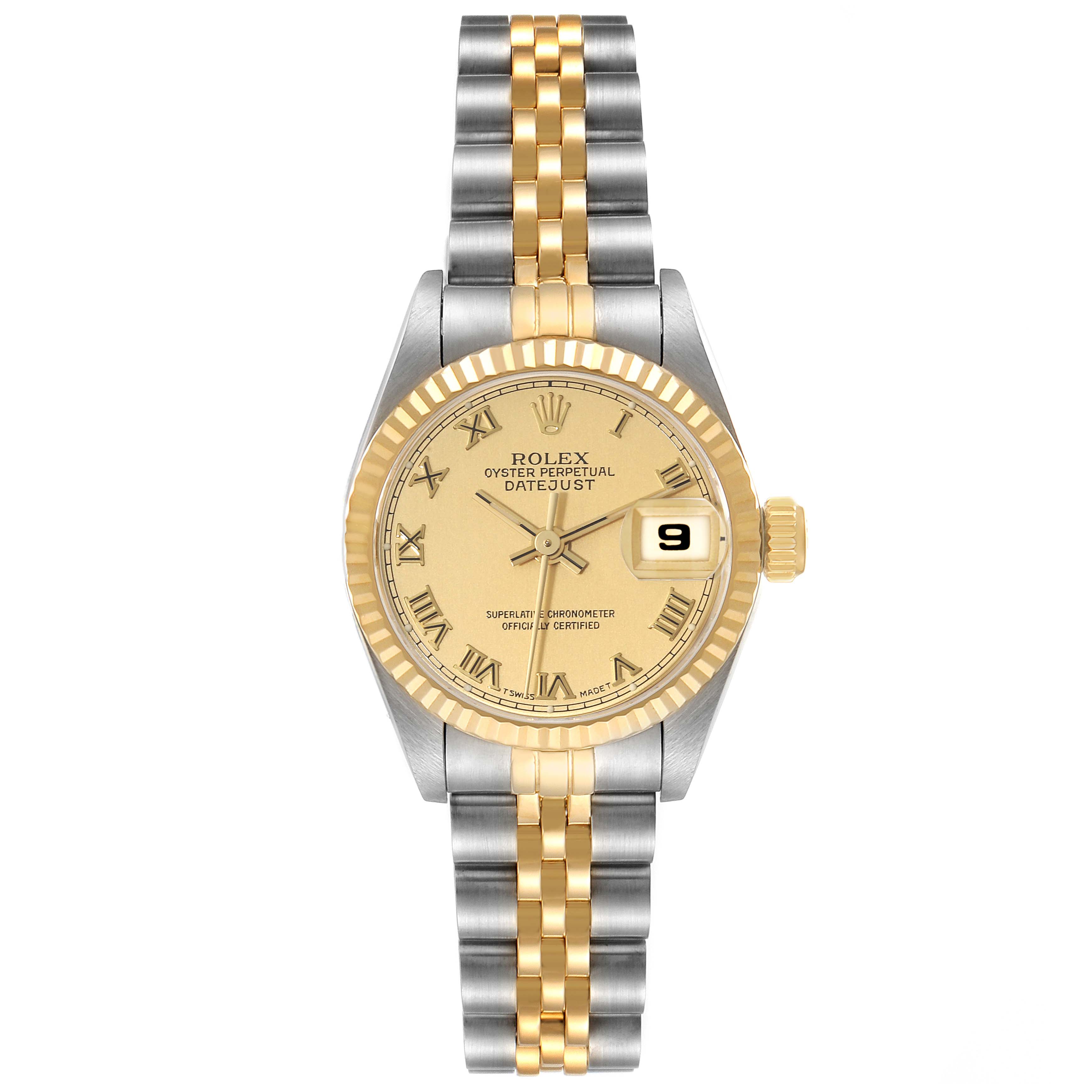 The image shows a front view of the Rolex Datejust 69173 Women's Steel and Gold (two tone) Champagne Dial 69173 Women's Steel and Gold (two tone) Champagne Dial watch, displaying its dial, bezel, and two-tone bracelet.