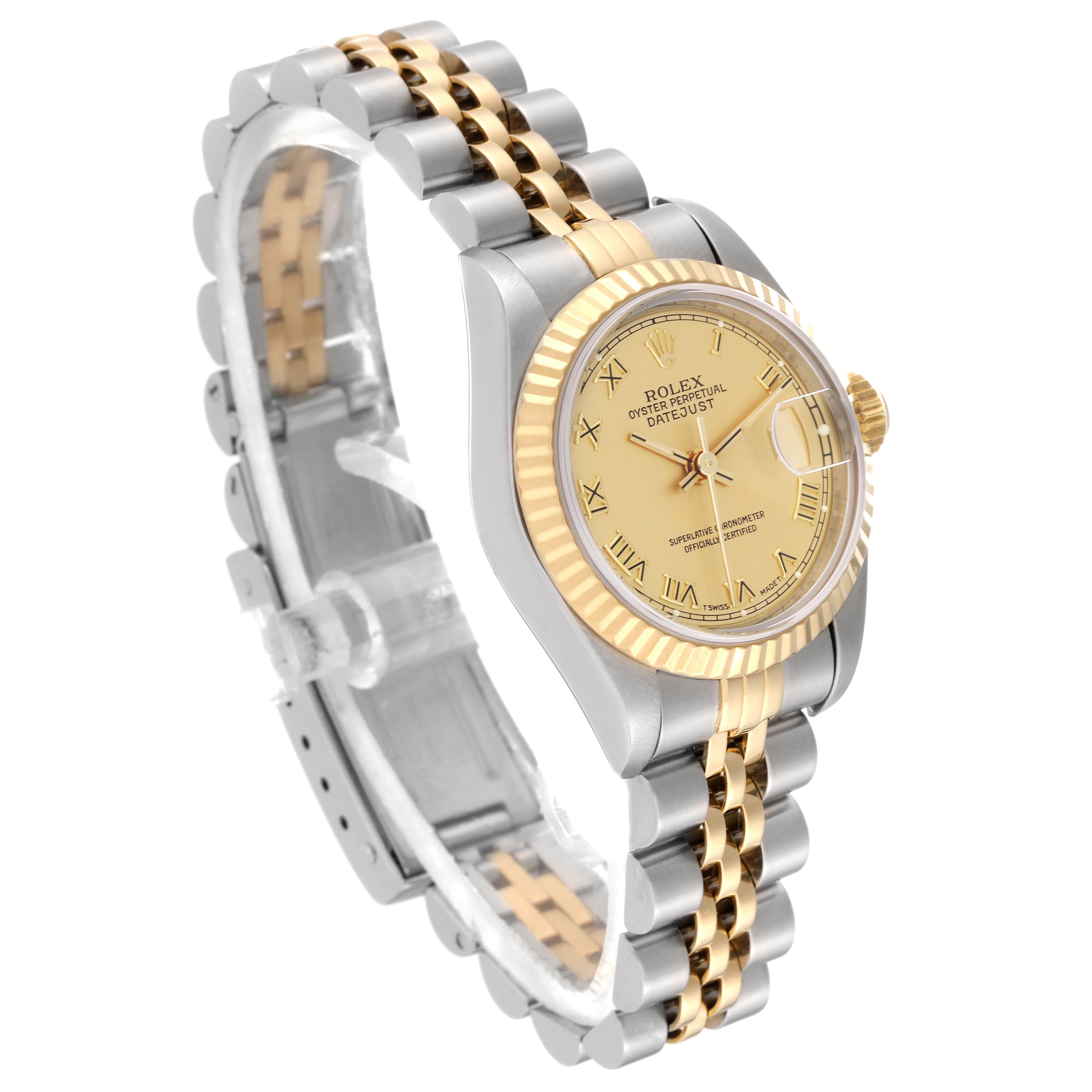 This image shows a Rolex Datejust 69173 Women's Steel and Gold (two tone) Champagne Dial 69173 Women's Steel and Gold (two tone) Champagne Dial watch at a dynamic angle, highlighting its two-tone bracelet and gold fluted bezel.