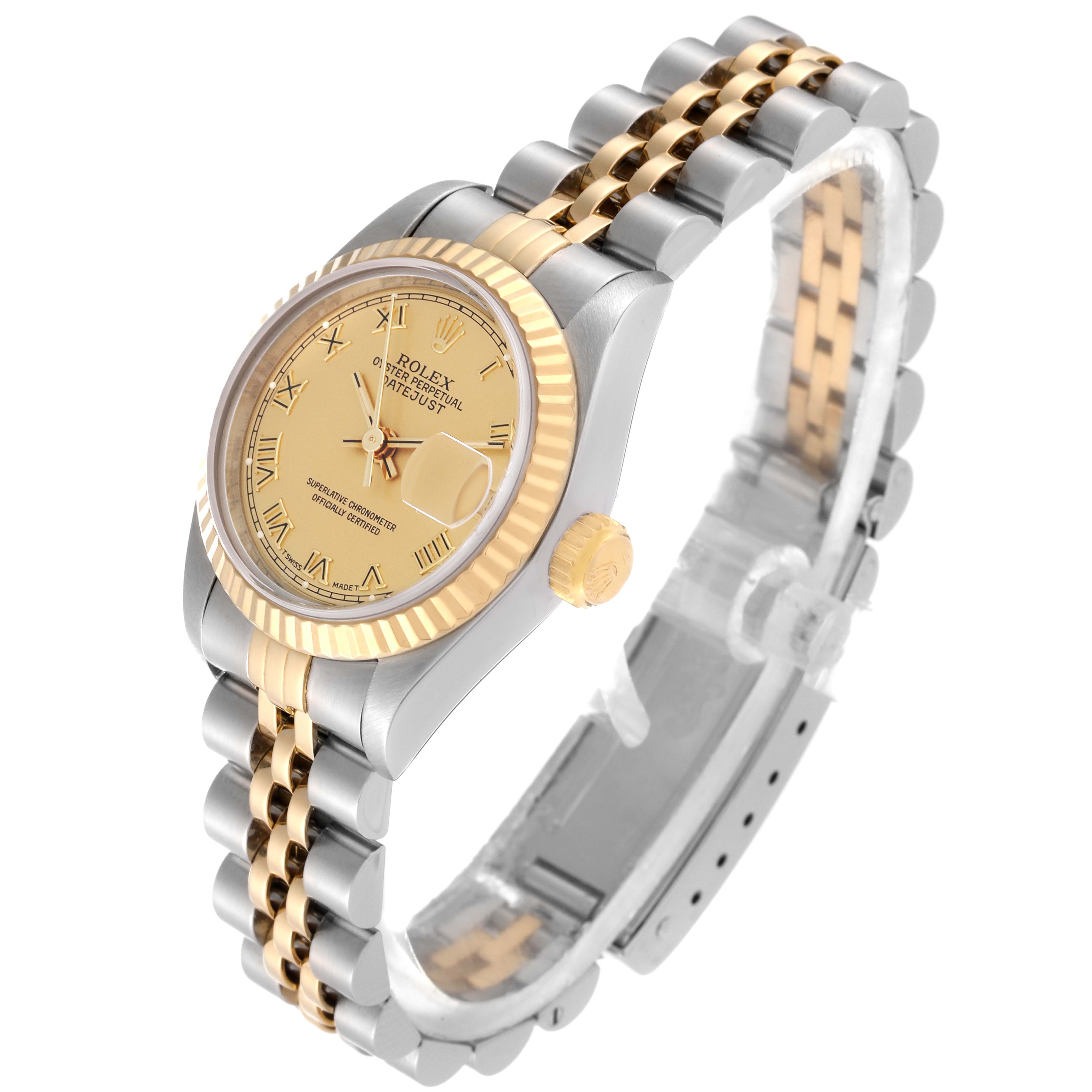 This image shows a Rolex Datejust 69173 Women's Steel and Gold (two tone) Champagne Dial 69173 Women's Steel and Gold (two tone) Champagne Dial watch angled from the front-left, highlighting its dial, bezel, crown, and two-tone bracelet.
