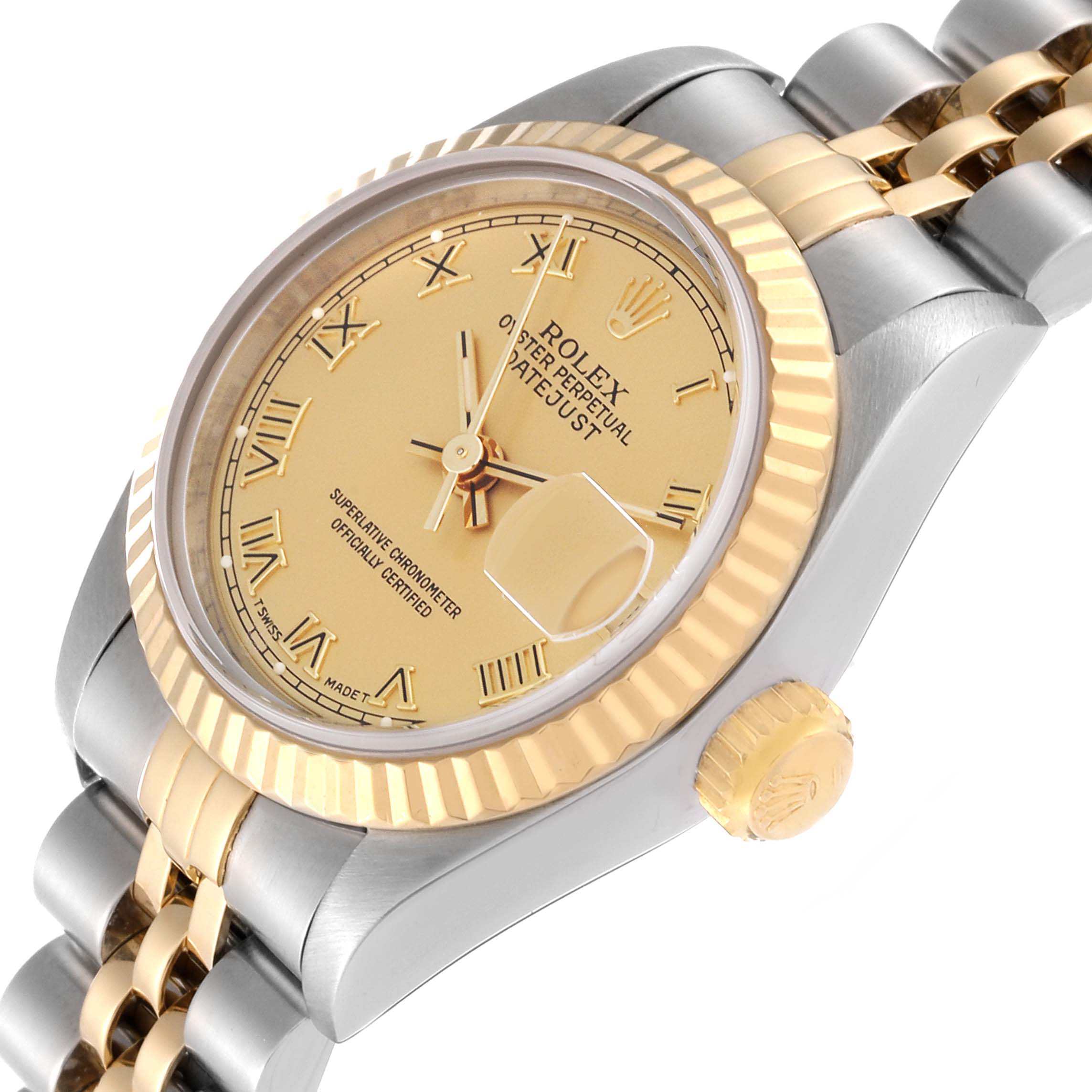 This image shows a close-up angle of a Rolex Datejust 69173 Women's Steel and Gold (two tone) Champagne Dial 69173 Women's Steel and Gold (two tone) Champagne Dial watch, highlighting the dial, bezel, crown, and part of the bracelet.
