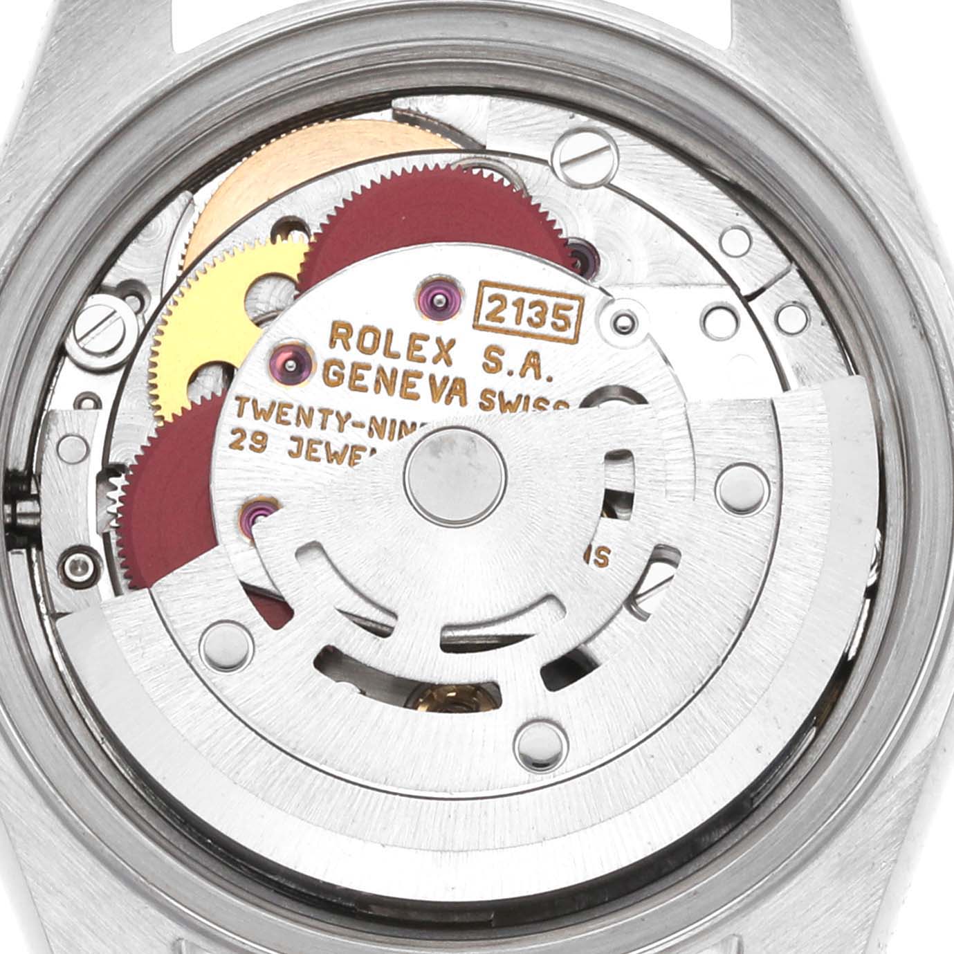 This image shows the internal mechanism of a Rolex Datejust 69173 Women's Steel and Gold (two tone) Champagne Dial 69173 Women's Steel and Gold (two tone) Champagne Dial watch from a rear angle.