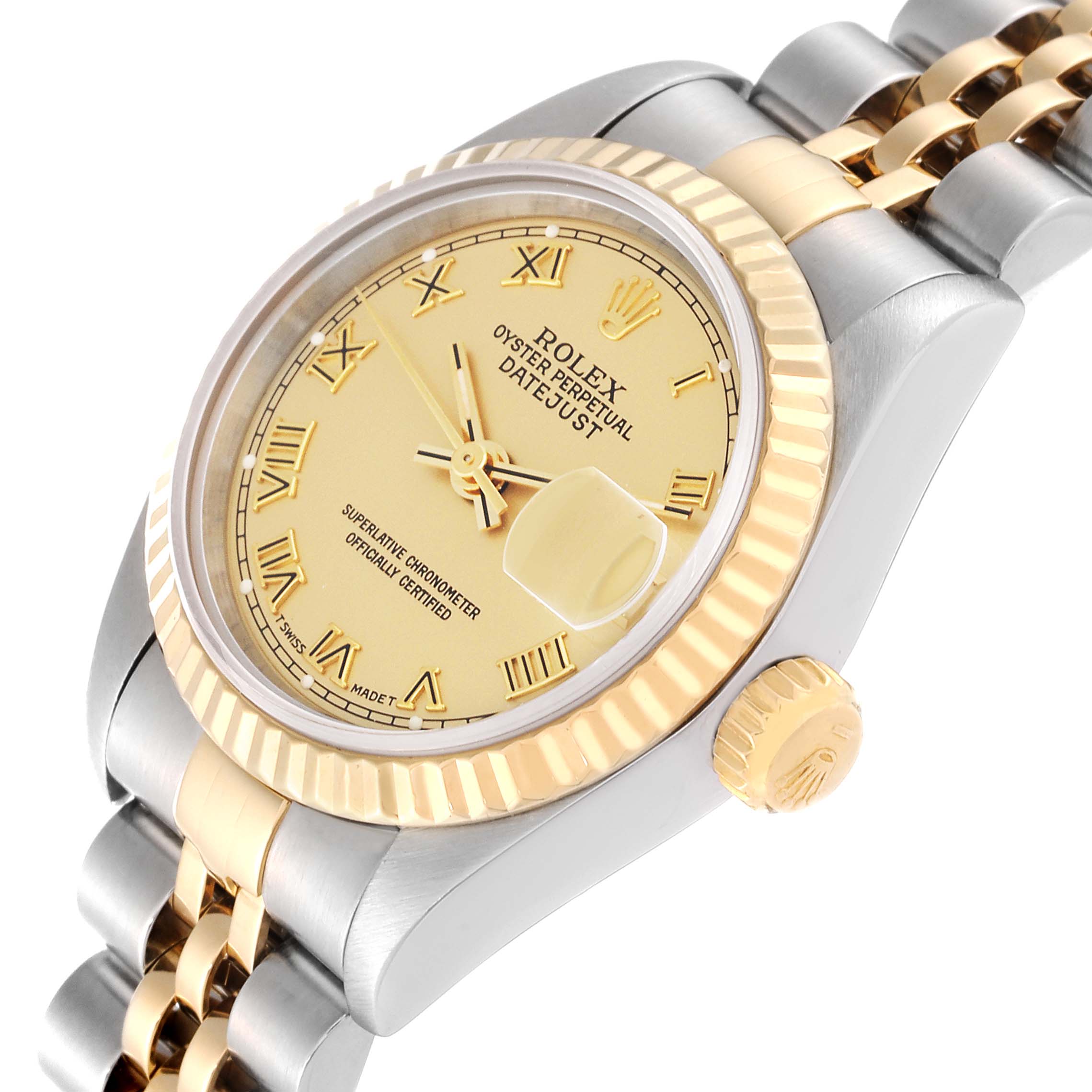 The image shows a Rolex Datejust 69173 Women's Steel and Gold (two tone) Champagne Dial 69173 Women's Steel and Gold (two tone) Champagne Dial model watch at a slight tilted angle, highlighting its bezel, dial, crown, and bracelet.