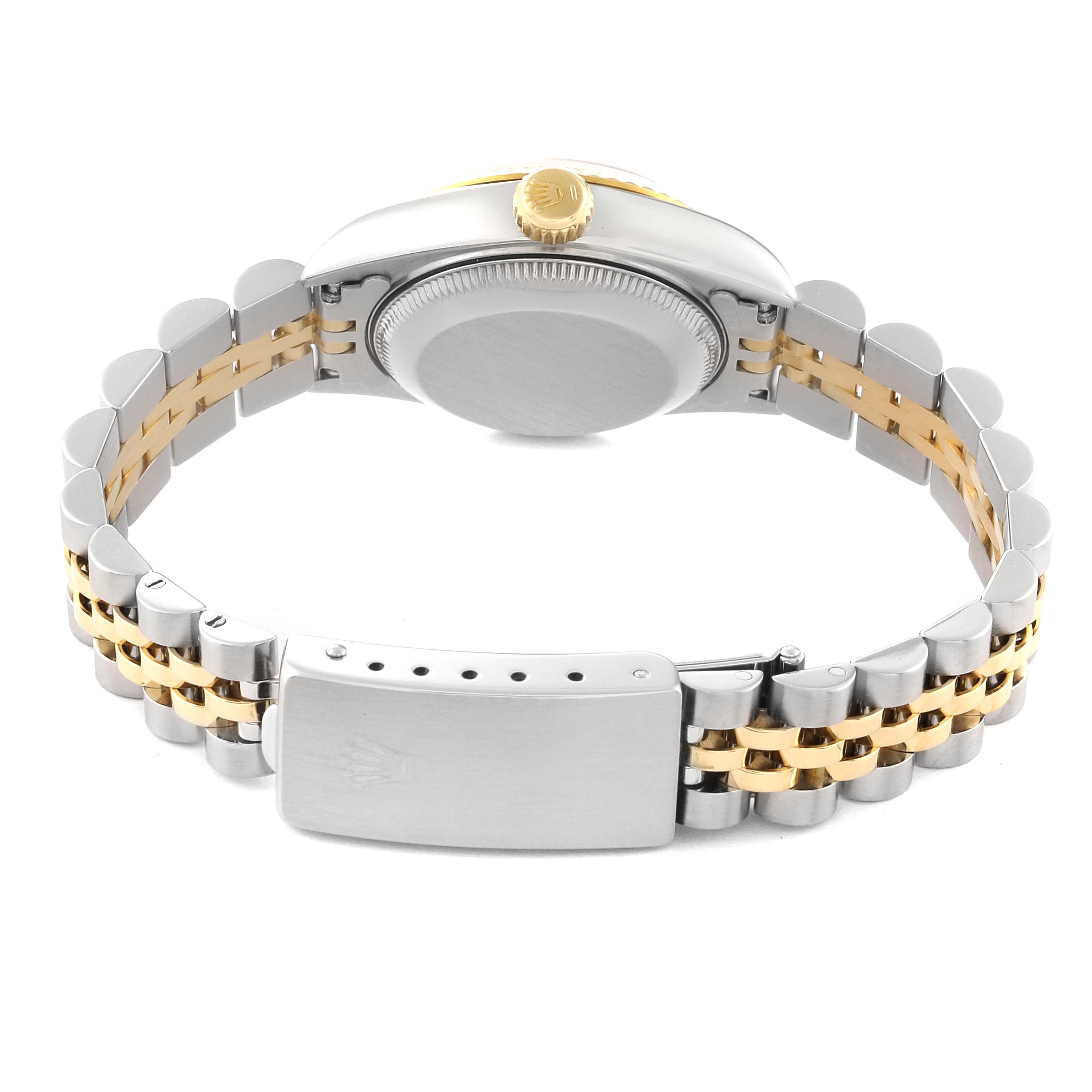 This image shows the back and bracelet of a Rolex Datejust 69173 Women's Steel and Gold (two tone) Champagne Dial 69173 Women's Steel and Gold (two tone) Champagne Dial watch, highlighting the closed clasp and gold crown.