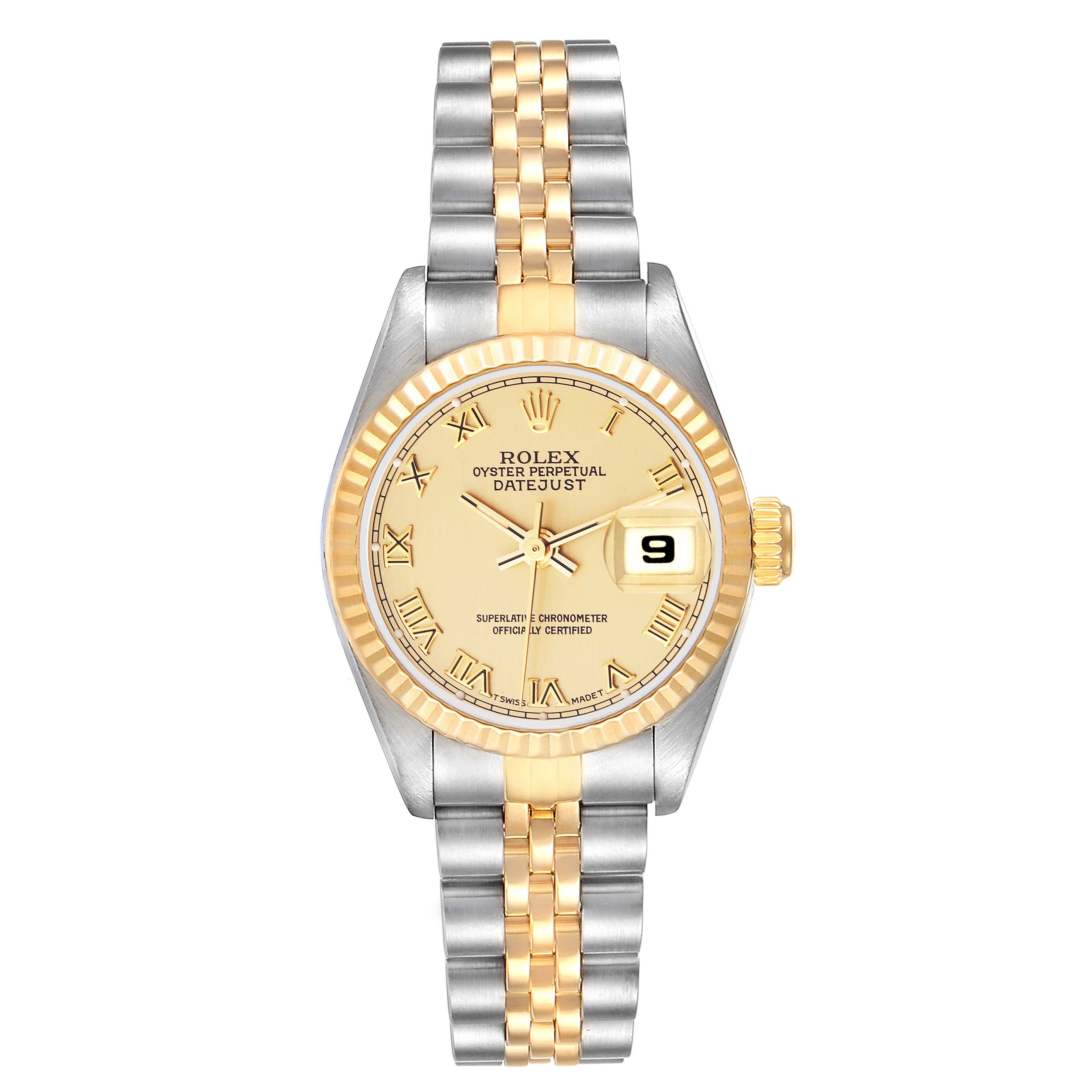 The image shows a front view of the Rolex Datejust 69173 Women's Steel and Gold (two tone) Champagne Dial 69173 Women's Steel and Gold (two tone) Champagne Dial watch, featuring its gold dial, two-tone jubilee bracelet, and date display.