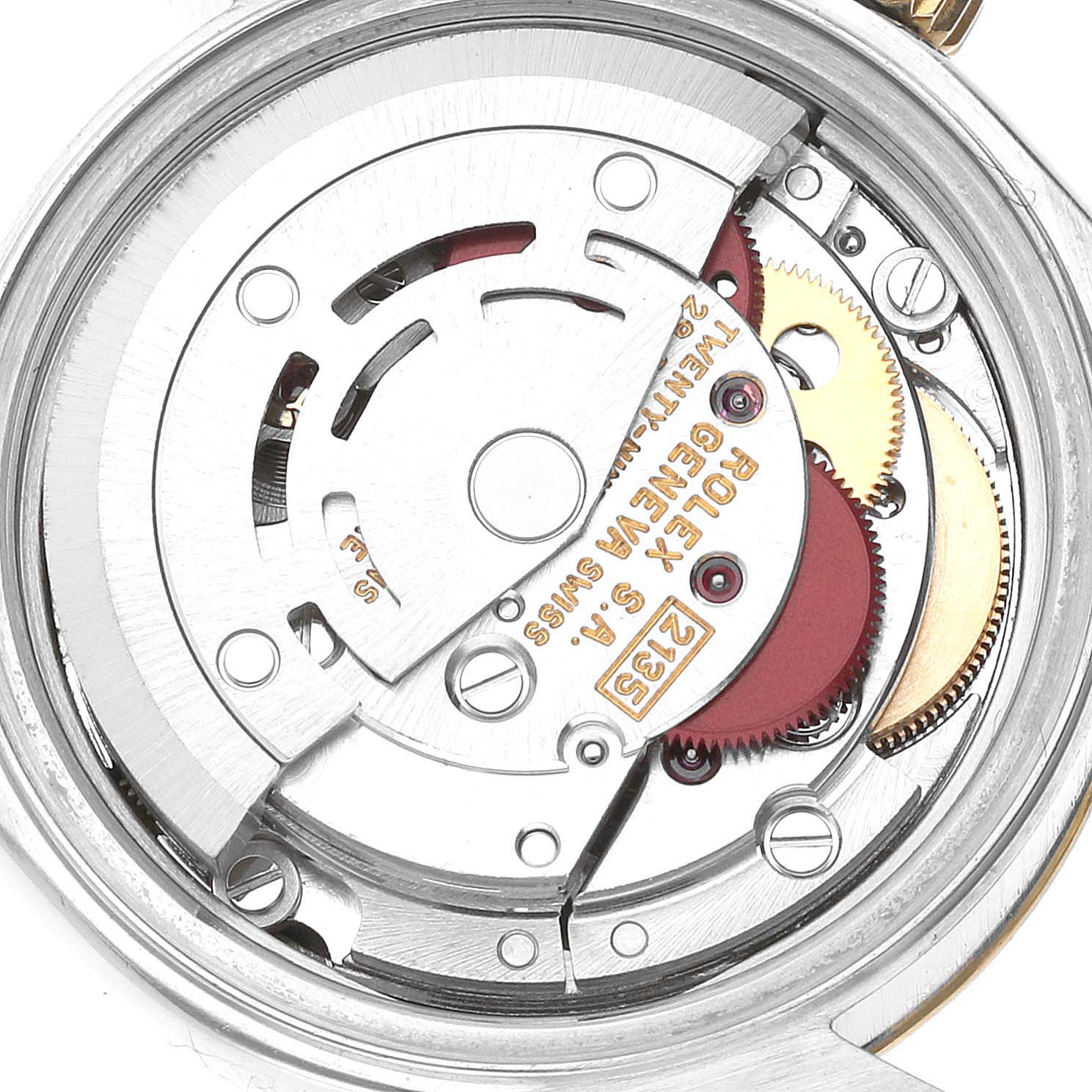 This image shows a close-up of the movement mechanism inside a Rolex Datejust 69173 Women's Steel and Gold (two tone) Champagne Dial 69173 Women's Steel and Gold (two tone) Champagne Dial watch.