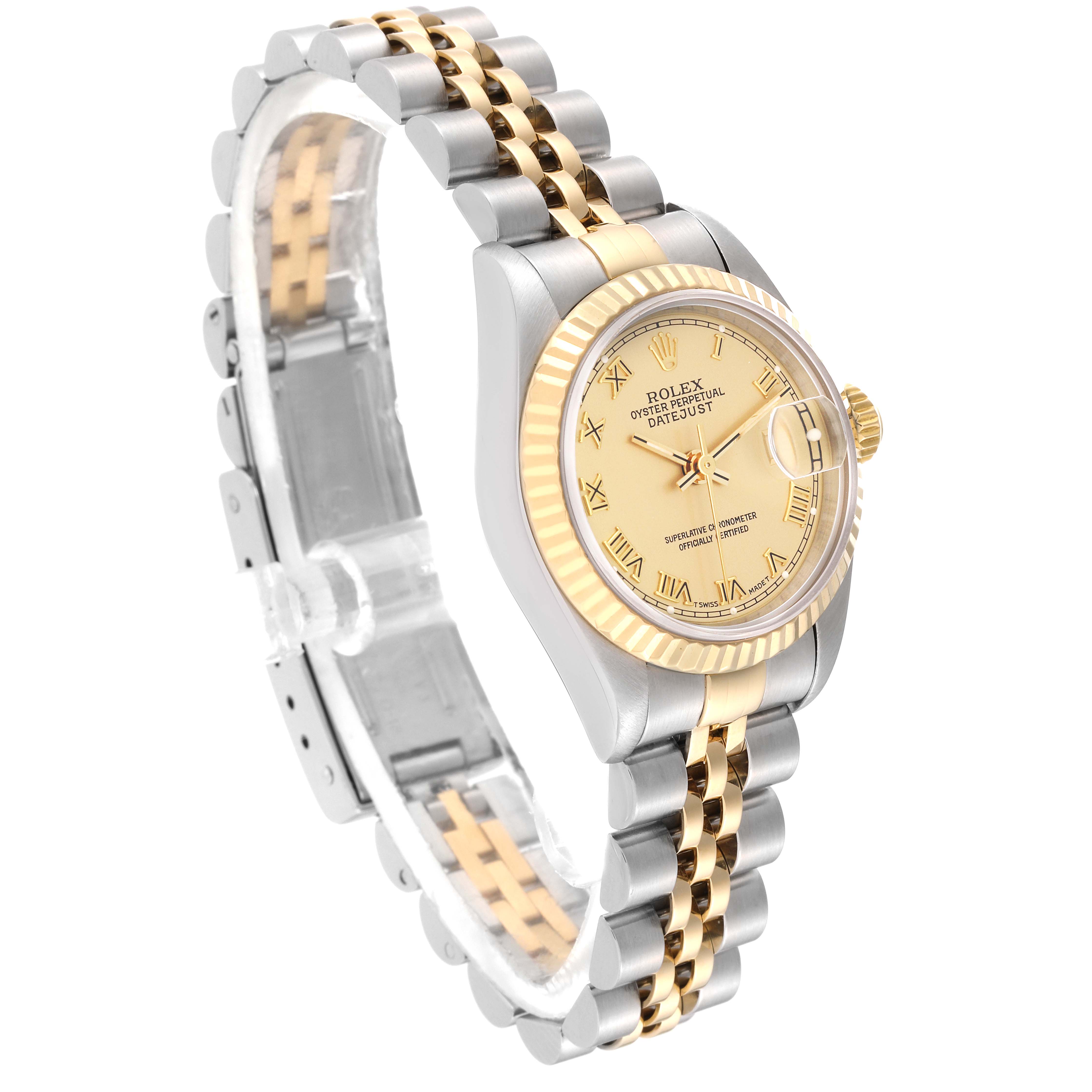 The Rolex Datejust 69173 Women's Steel and Gold (two tone) Champagne Dial 69173 Women's Steel and Gold (two tone) Champagne Dial watch is shown at a three-quarter angle, displaying the face, bezel, and two-tone bracelet.