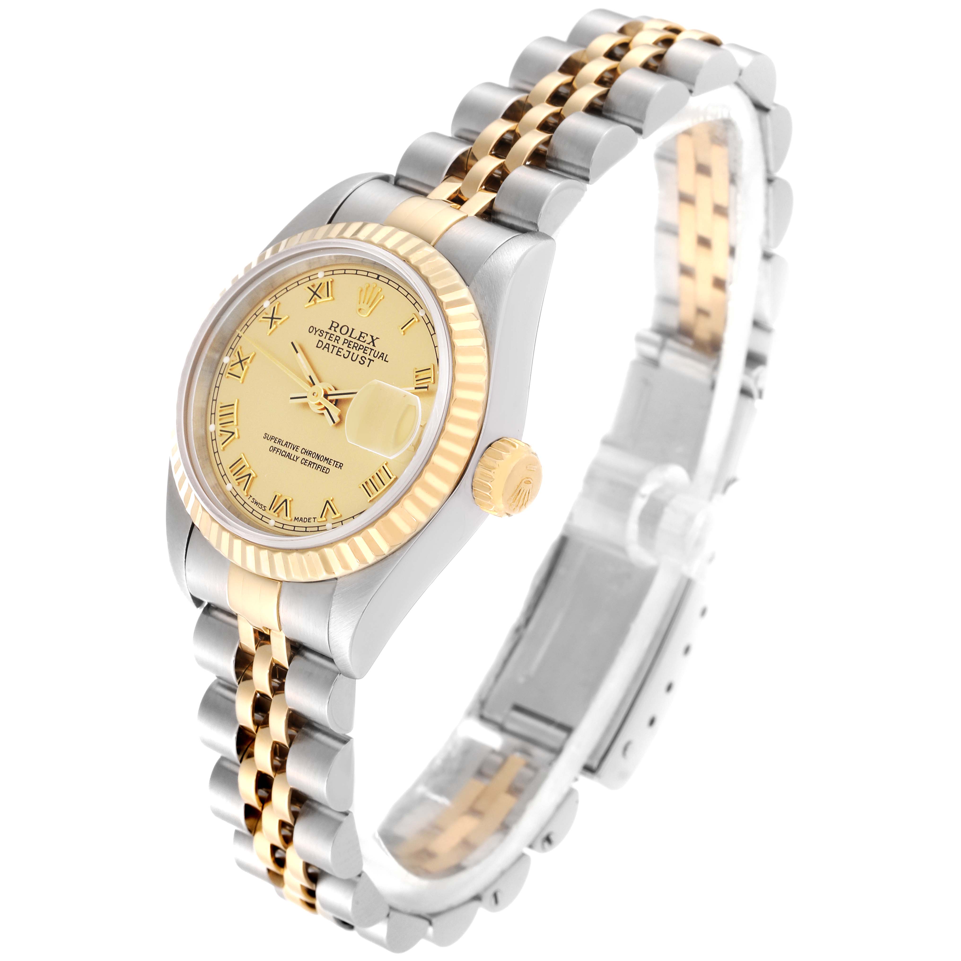 This image shows a Rolex Datejust 69173 Women's Steel and Gold (two tone) Champagne Dial 69173 Women's Steel and Gold (two tone) Champagne Dial watch at a three-quarter angle, highlighting the face, bezel, crown, and bracelet.
