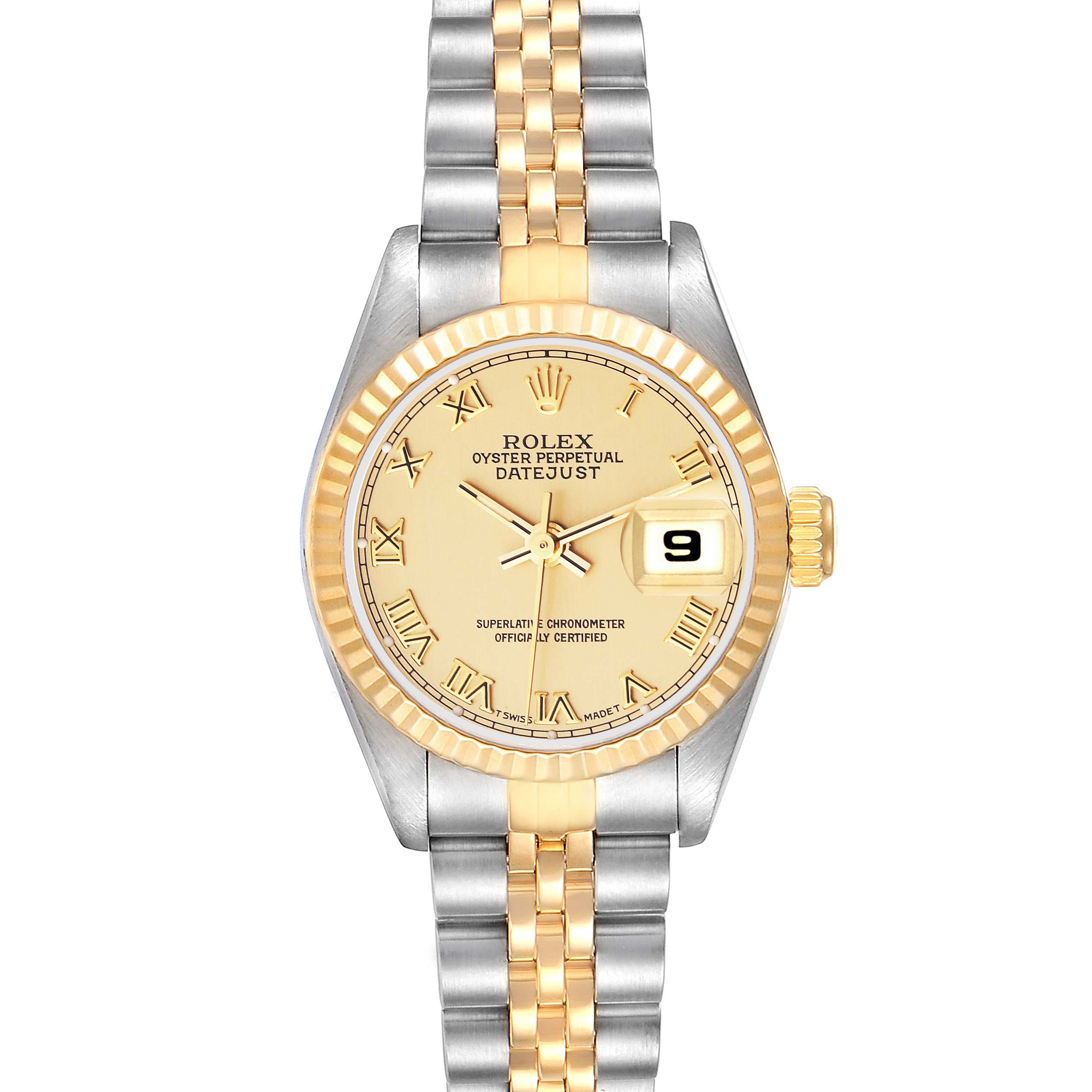 The image shows a front view of a Rolex Datejust 69173 Women's Steel and Gold (two tone) Champagne Dial 69173 Women's Steel and Gold (two tone) Champagne Dial watch, displaying its face, bezel, crown, and bracelet.
