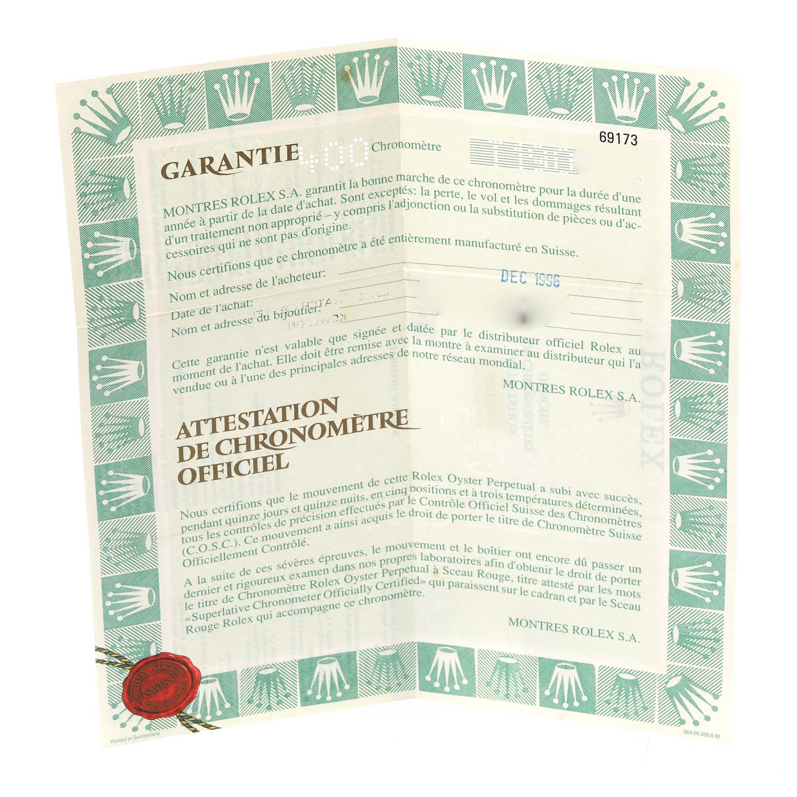 The image shows a warranty and certificate of authenticity document for a Rolex Datejust 69173 Women's Steel and Gold (two tone) Champagne Dial 69173 Women's Steel and Gold (two tone) Champagne Dial watch model 69173.