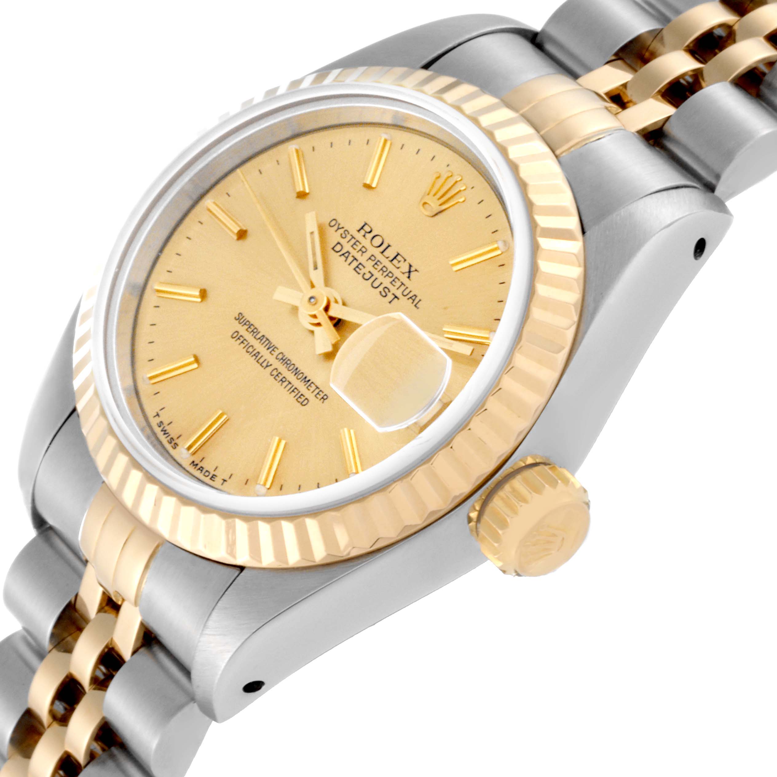This image shows a close-up angled view of a Rolex Datejust 69173 Women's Steel and Gold (two tone) Champagne Dial 69173 Women's Steel and Gold (two tone) Champagne Dial watch, featuring its dial, crown, and bracelet.