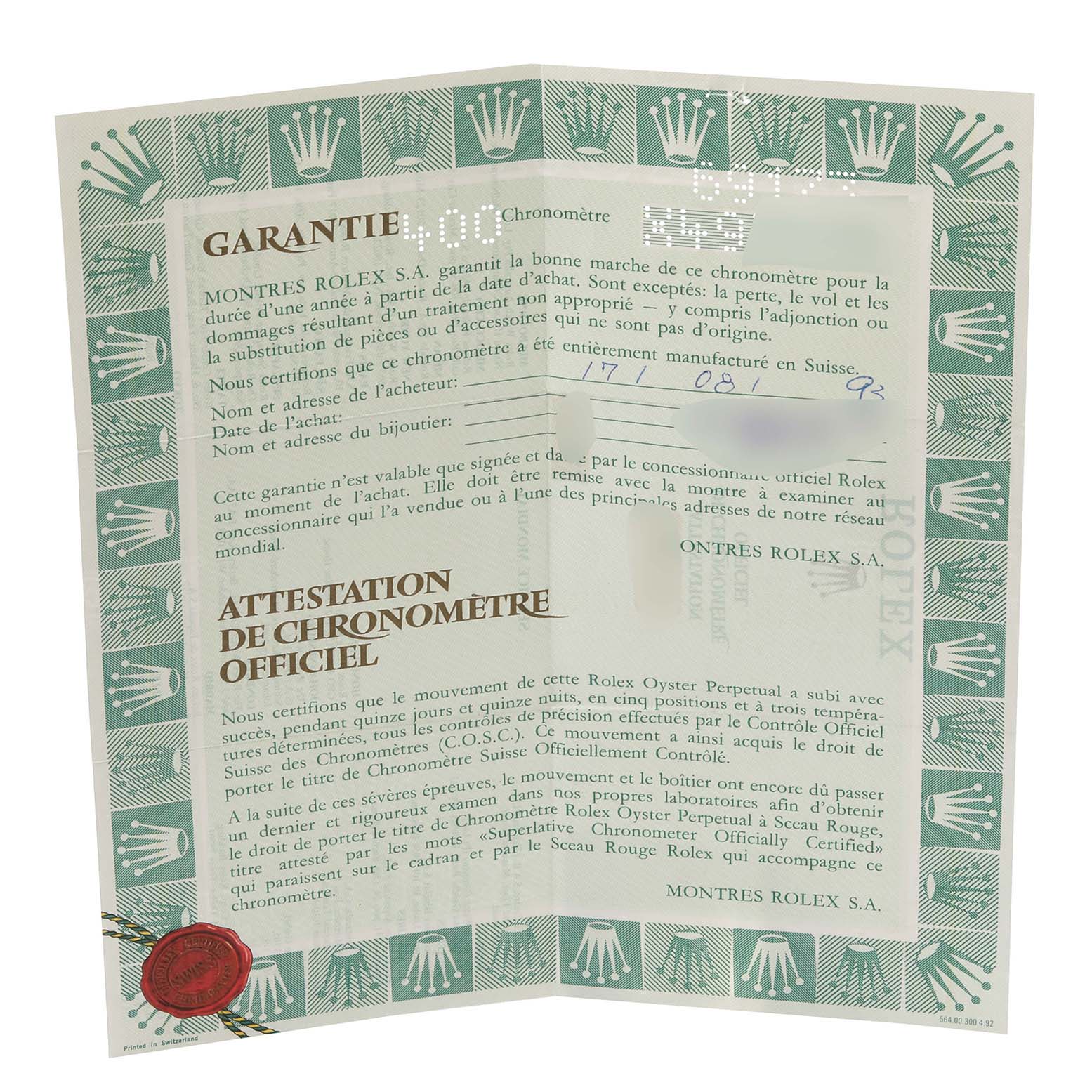 The image shows the official chronometer certification and warranty documents for a Rolex Datejust 69173 Women's Steel and Gold (two tone) Champagne Dial 69173 Women's Steel and Gold (two tone) Champagne Dial watch.