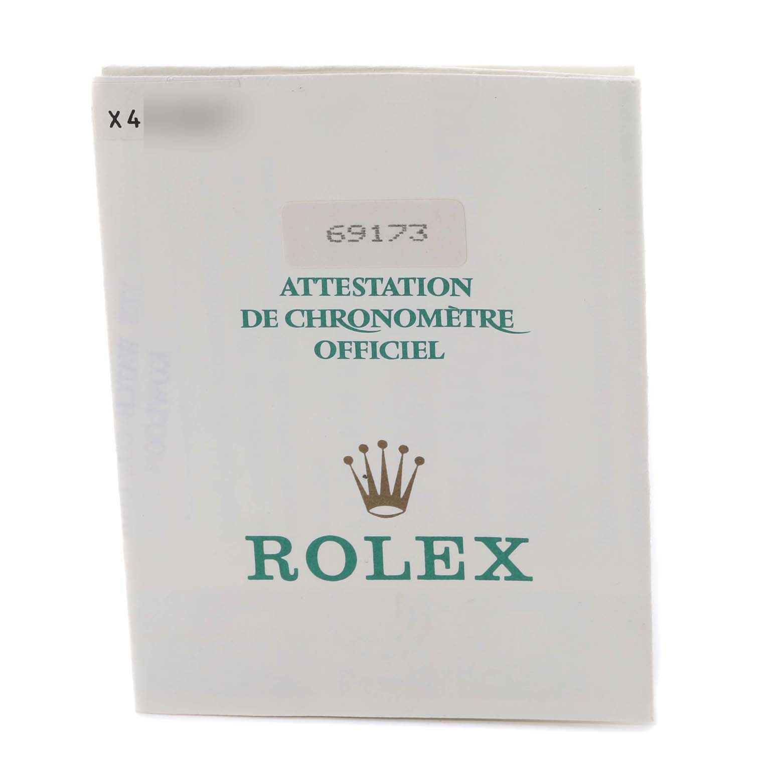 This image shows a front view of a Rolex Datejust 69173 Women's Steel and Gold (two tone) Champagne Dial 69173 Women's Steel and Gold (two tone) Champagne Dial model's Chronometer Certification booklet.