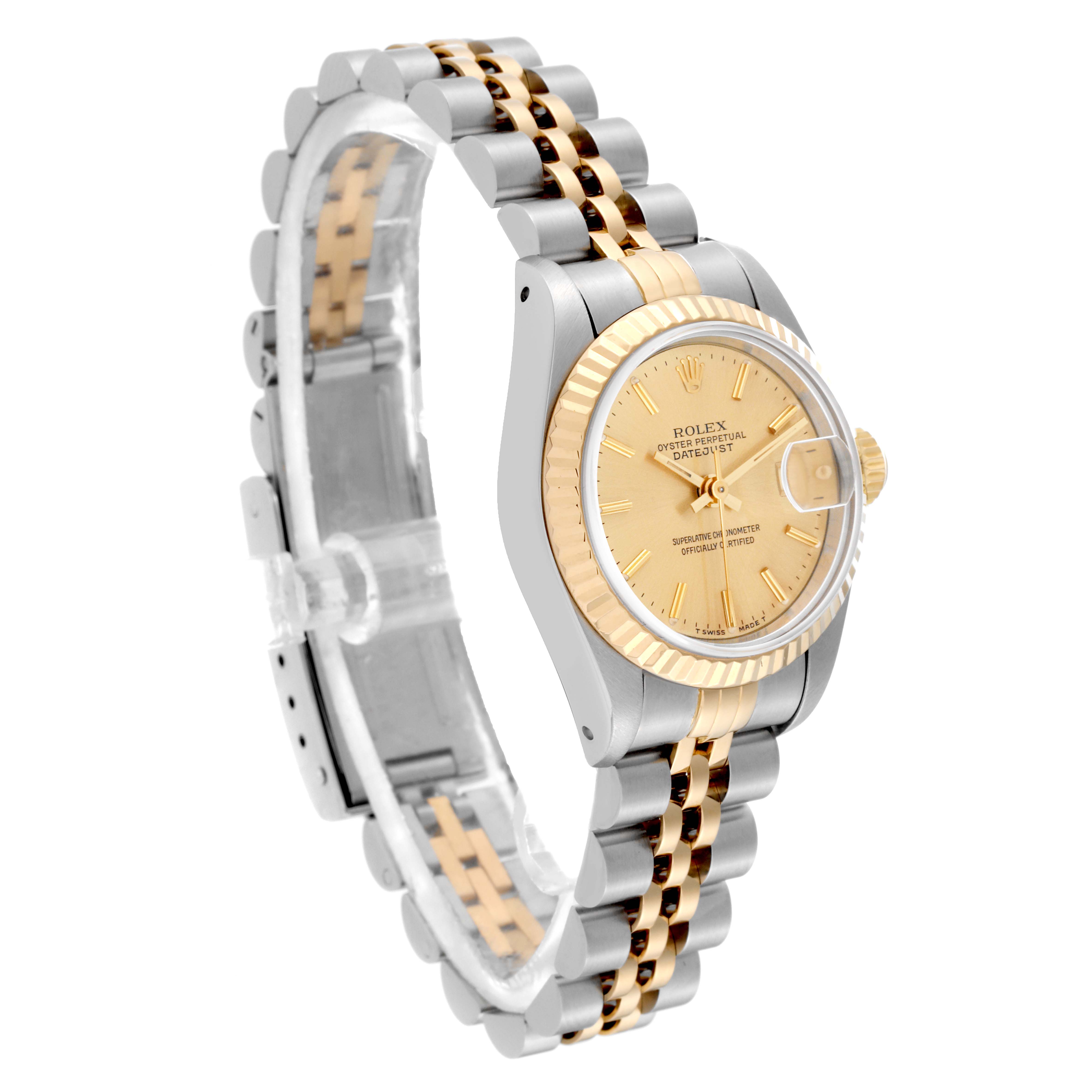 The image shows a Rolex Datejust 69173 Women's Steel and Gold (two tone) Champagne Dial 69173 Women's Steel and Gold (two tone) Champagne Dial watch at a three-quarter angle, featuring its gold and silver jubilee bracelet and champagne dial.
