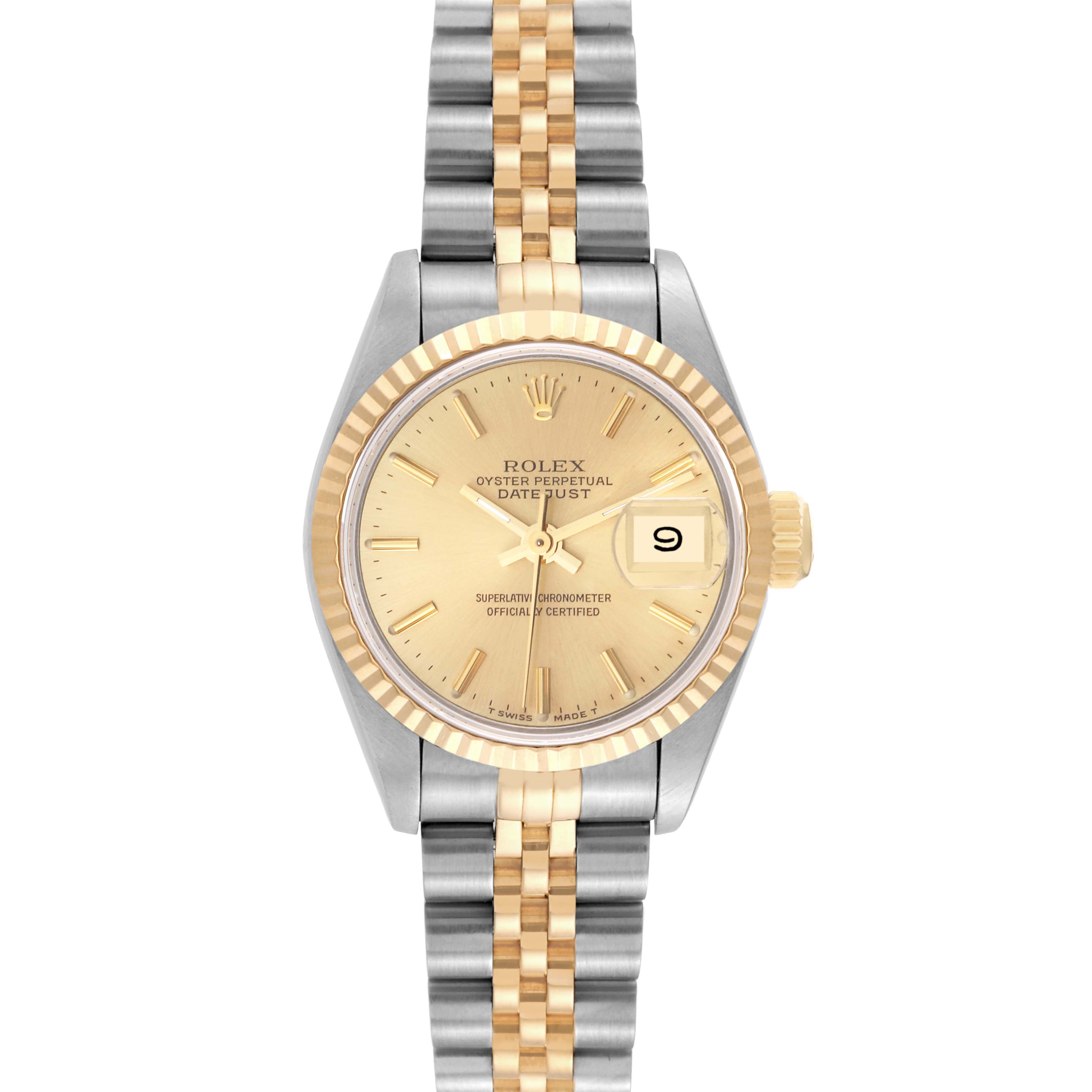 The image shows a top-down view of a Rolex Datejust 69173 Women's Steel and Gold (two tone) Champagne Dial 69173 Women's Steel and Gold (two tone) Champagne Dial watch, highlighting its face, bezel, and two-tone bracelet.