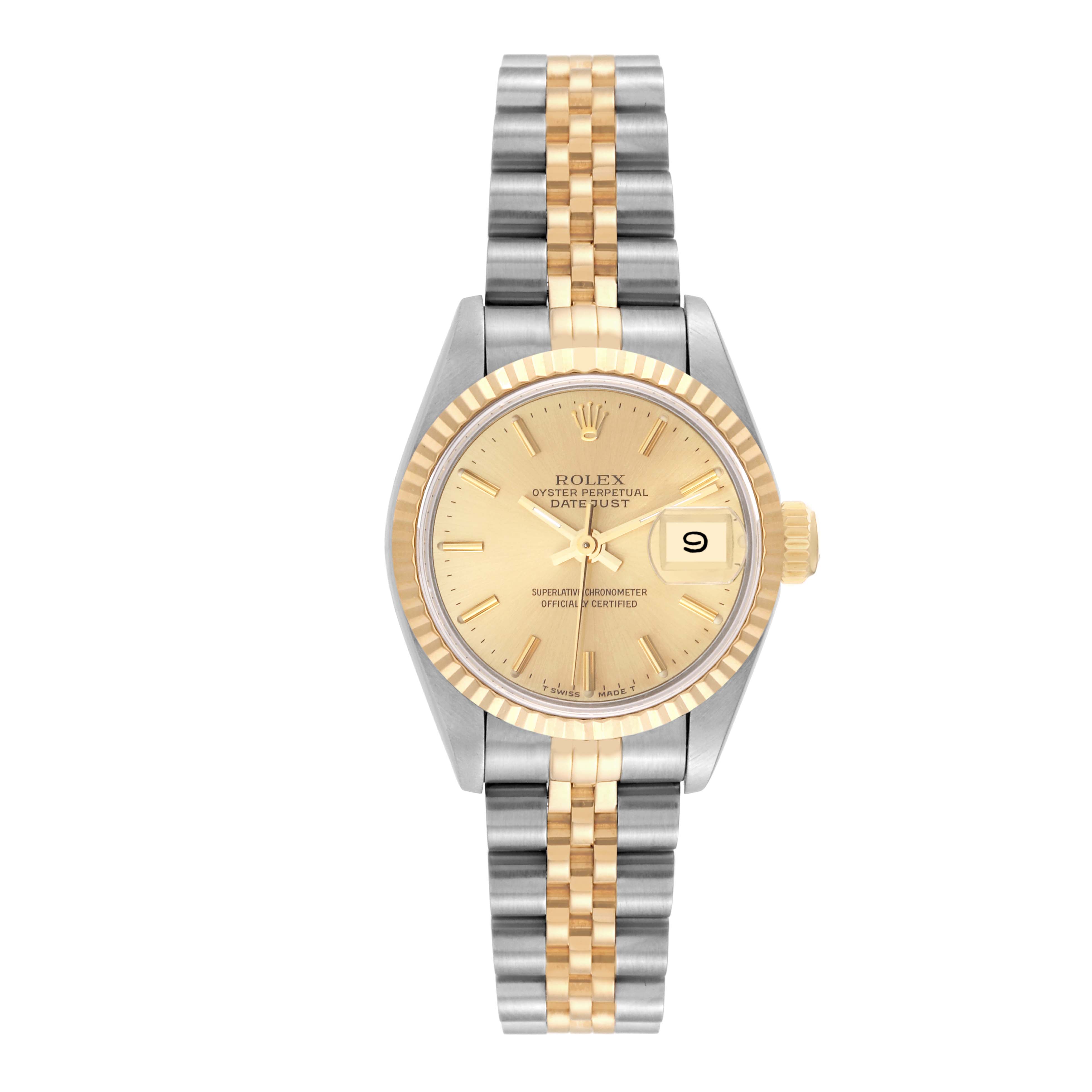 This image shows a front view of a Rolex Datejust 69173 Women's Steel and Gold (two tone) Champagne Dial 69173 Women's Steel and Gold (two tone) Champagne Dial watch, highlighting the dial, bezel, crown, and two-tone bracelet.