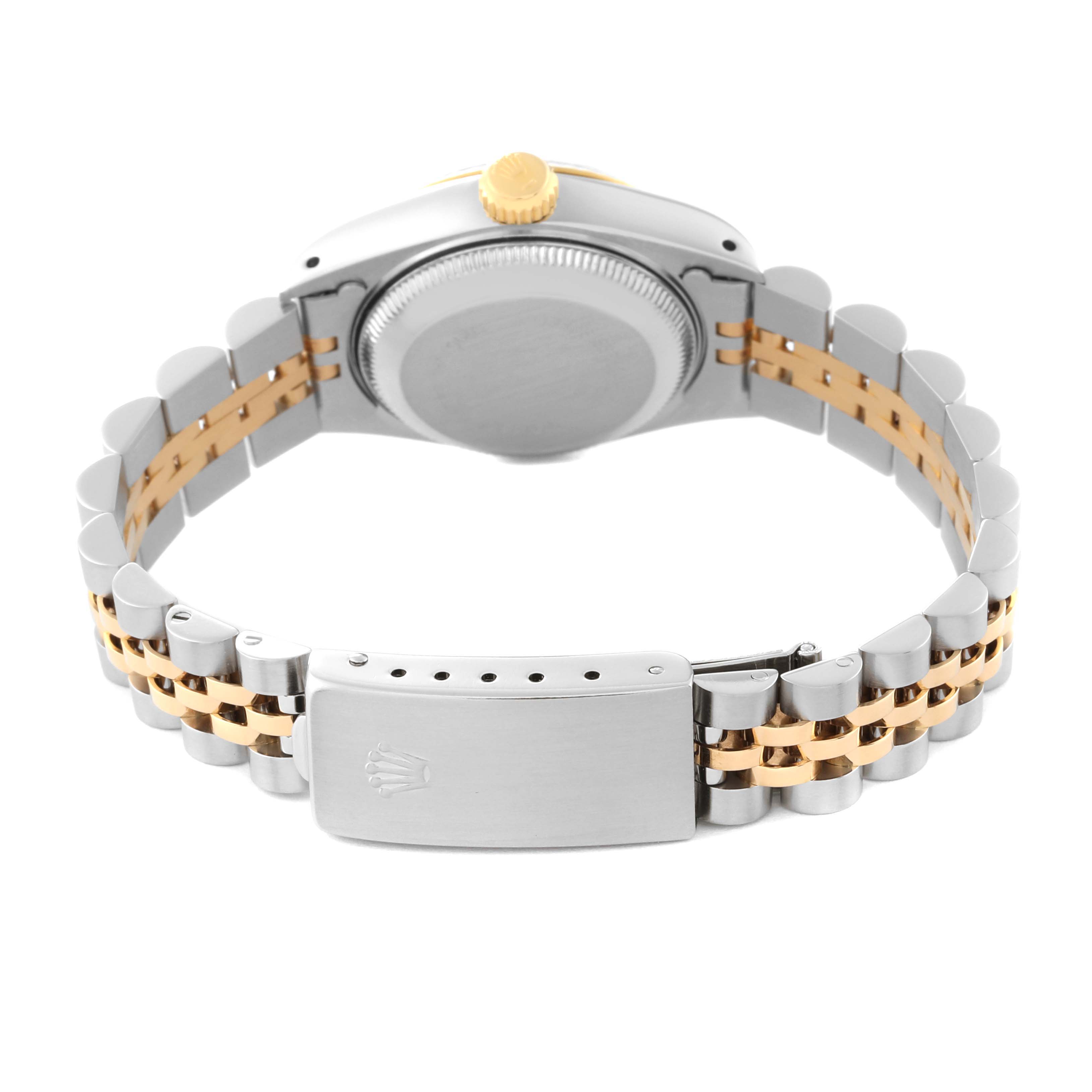 This image shows the back view of a Rolex Datejust 69173 Women's Steel and Gold (two tone) Champagne Dial 69173 Women's Steel and Gold (two tone) Champagne Dial watch, highlighting its stainless steel and gold bracelet and clasp.