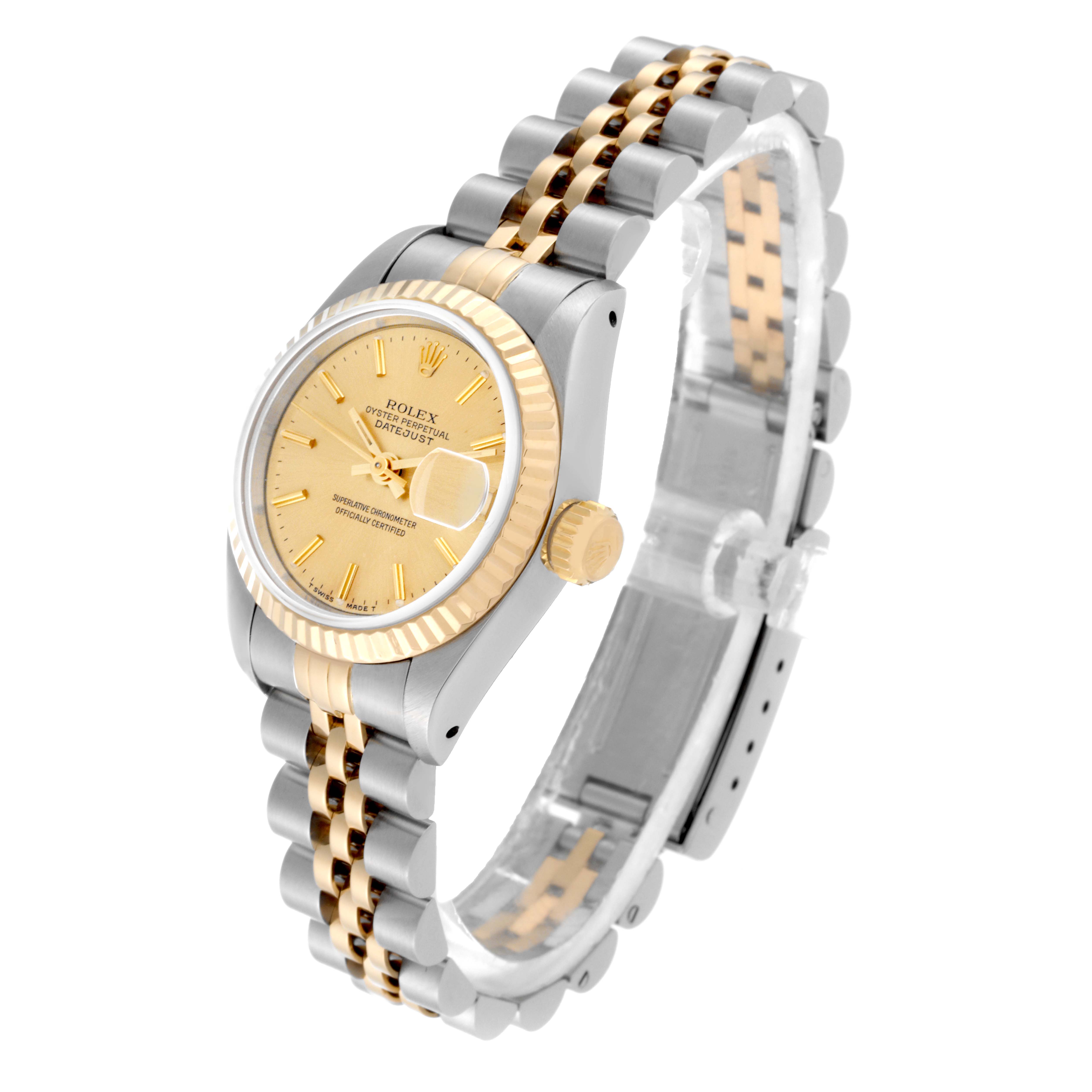 The Rolex Datejust 69173 Women's Steel and Gold (two tone) Champagne Dial 69173 Women's Steel and Gold (two tone) Champagne Dial watch is shown at an angled side view, highlighting its gold and silver-tone bracelet and face.