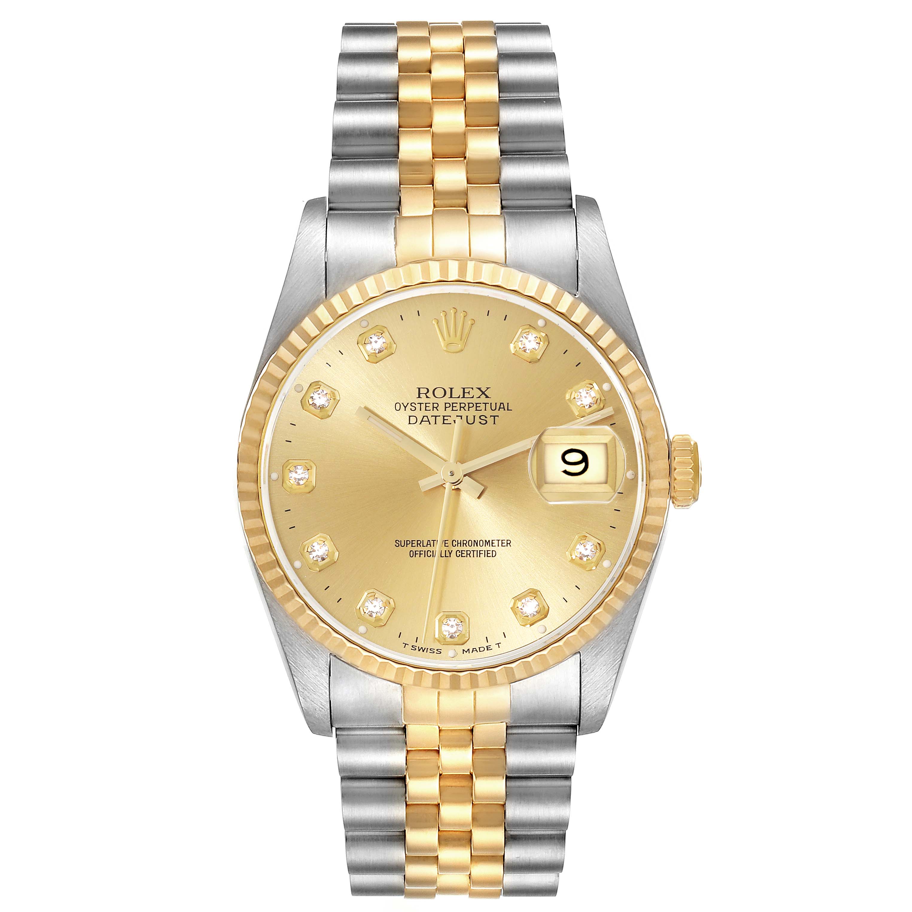 This image shows a frontal view of a Rolex Datejust 16233 Men's Steel and Gold (two tone) Champagne Dial 16233 Men's Steel and Gold (two tone) Champagne Dial watch, highlighting its two-tone bracelet, gold dial, and date display.