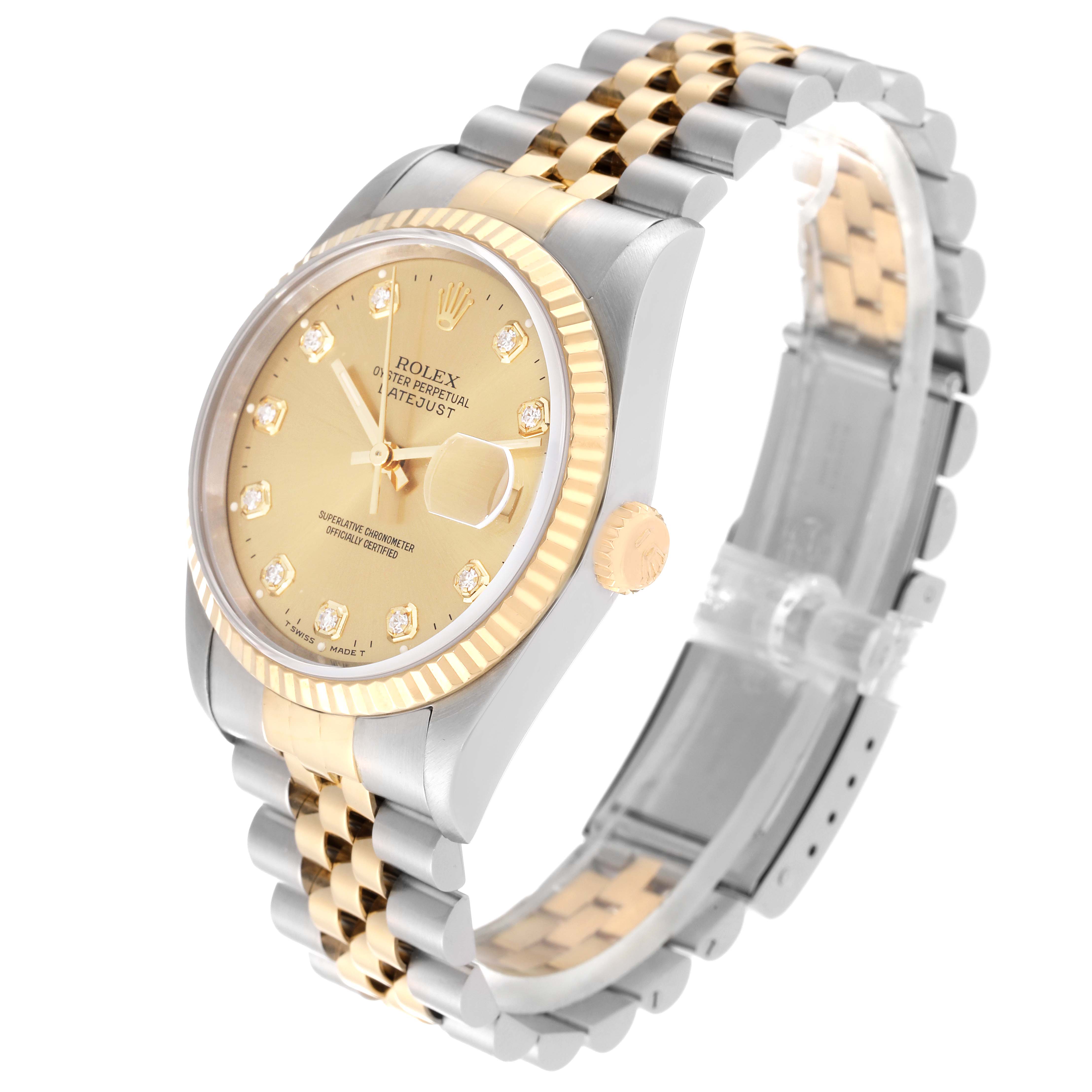 The image shows a Rolex Datejust 16233 Men's Steel and Gold (two tone) Champagne Dial 16233 Men's Steel and Gold (two tone) Champagne Dial watch at a slight angle, highlighting the gold and silver bracelet, the dial with diamond markers, and the fluted bezel.