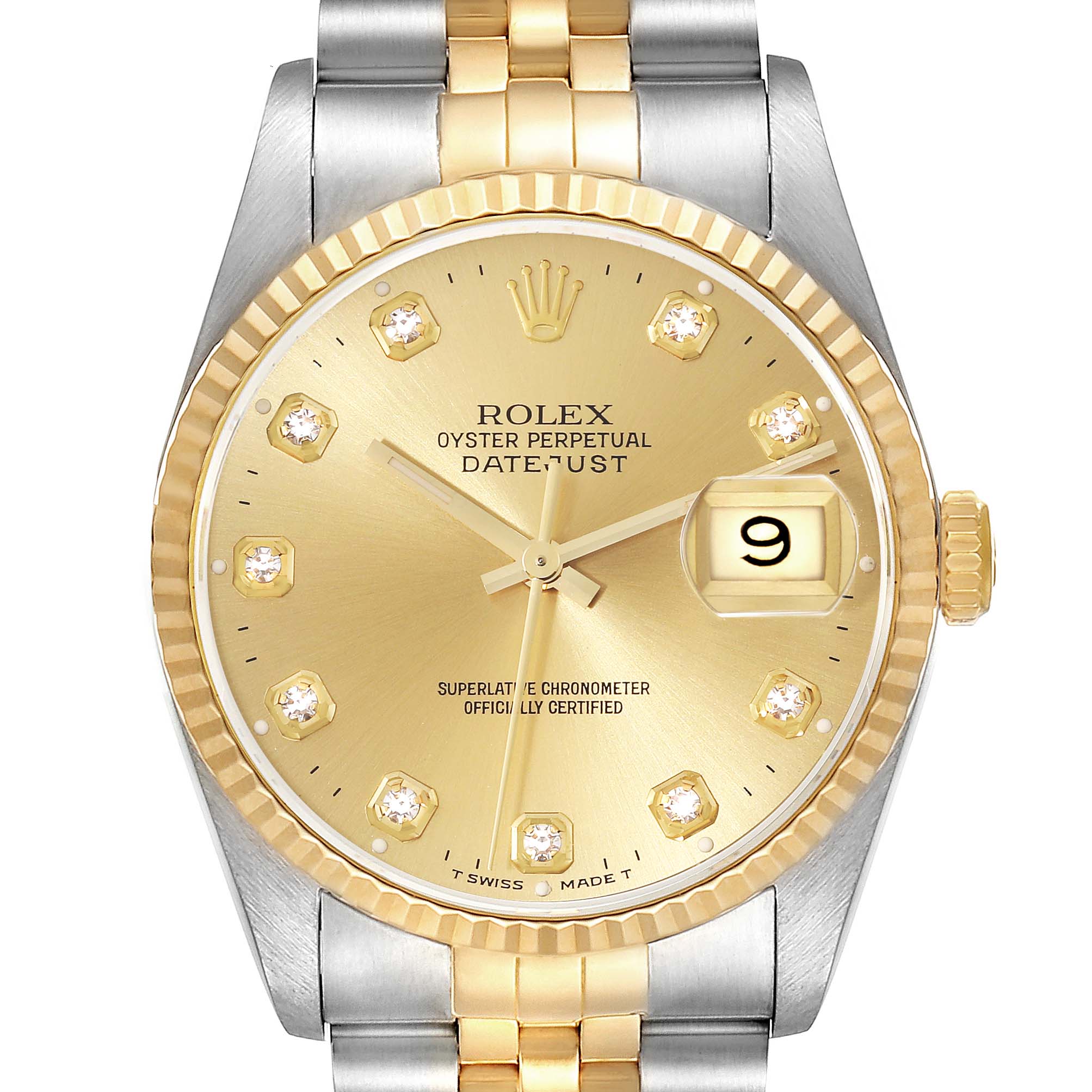The image shows a frontal view of the Rolex Datejust 16233 Men's Steel and Gold (two tone) Champagne Dial 16233 Men's Steel and Gold (two tone) Champagne Dial watch, highlighting its gold dial, bezels, and two-tone bracelet.