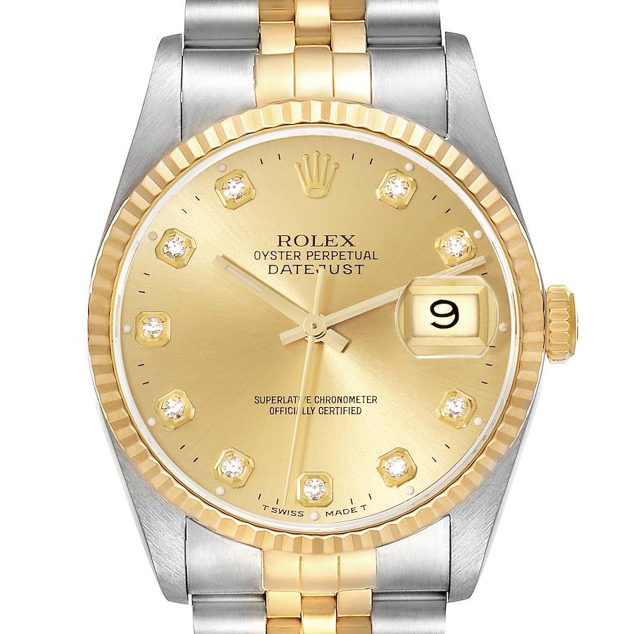 Rolex Datejust Champagne Diamond Dial Steel Yellow Gold Mens Watch 16233 Box Papers SwissWatchExpo