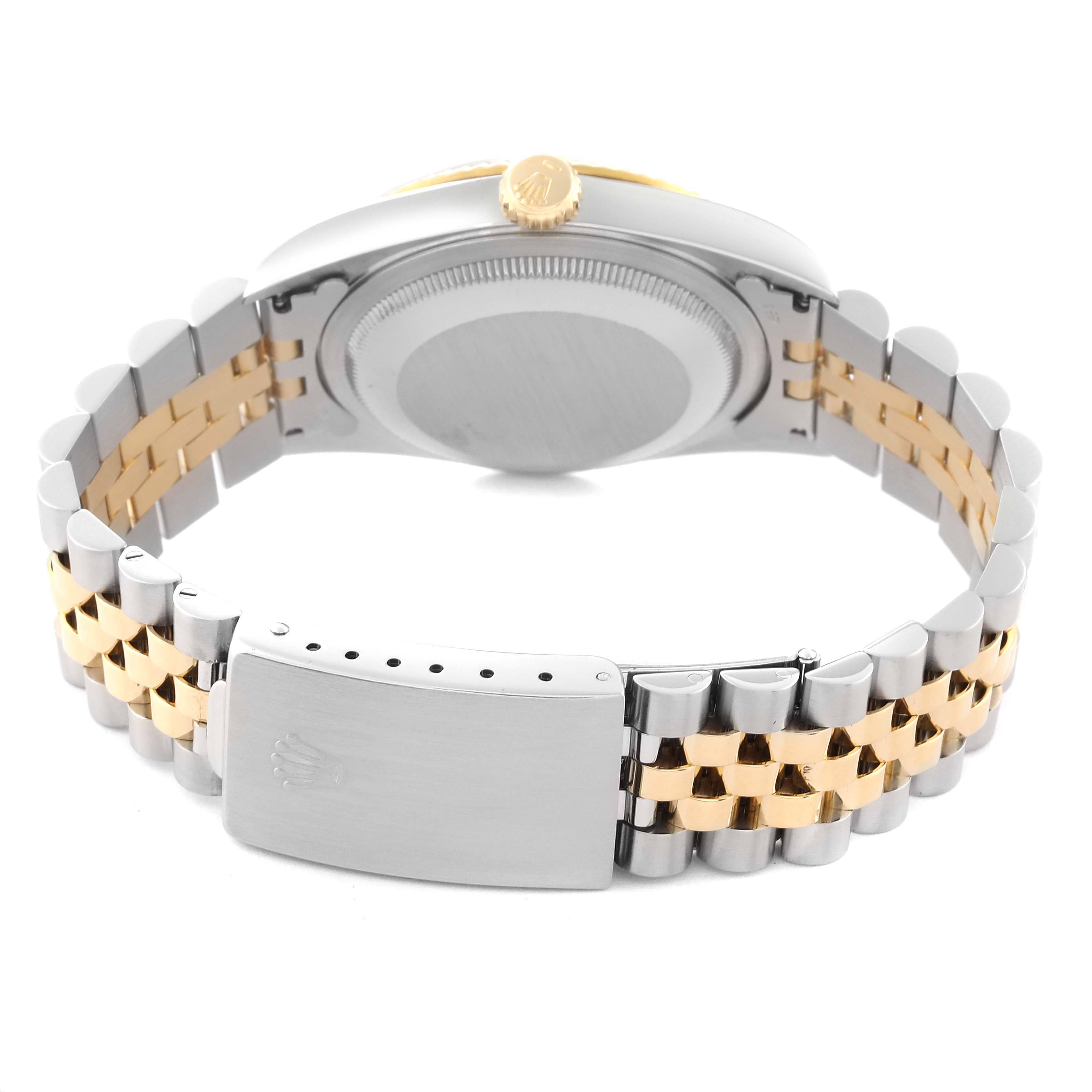 The image shows the back view of a Rolex Datejust 16233 Men's Steel and Gold (two tone) Champagne Dial 16233 Men's Steel and Gold (two tone) Champagne Dial watch with its bracelet and clasp visible.