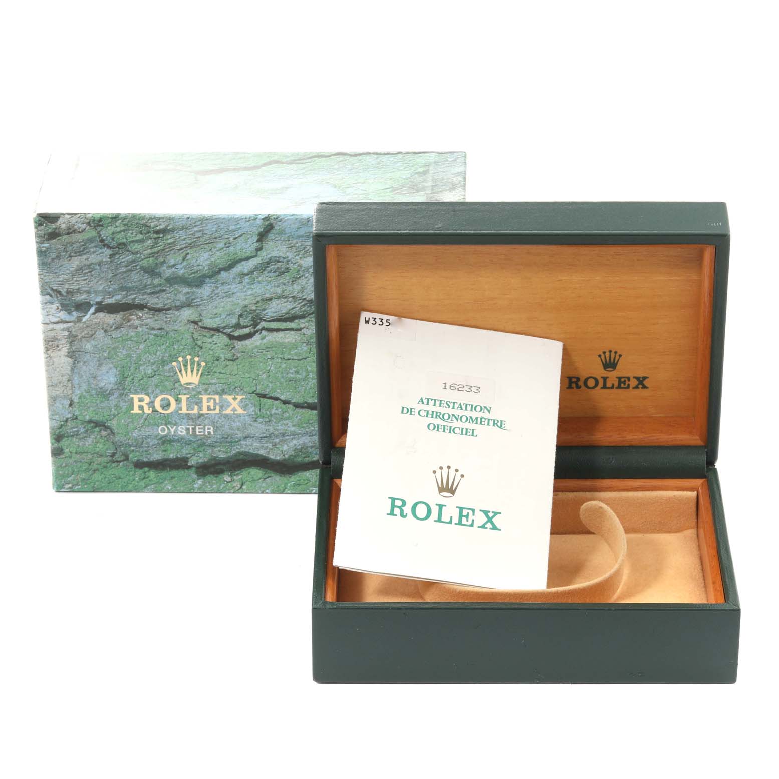 The image shows a Rolex Datejust 16233 Men's Steel and Gold (two tone) Champagne Dial 16233 Men's Steel and Gold (two tone) Champagne Dial watch box with its outer cover and certificate of authenticity.