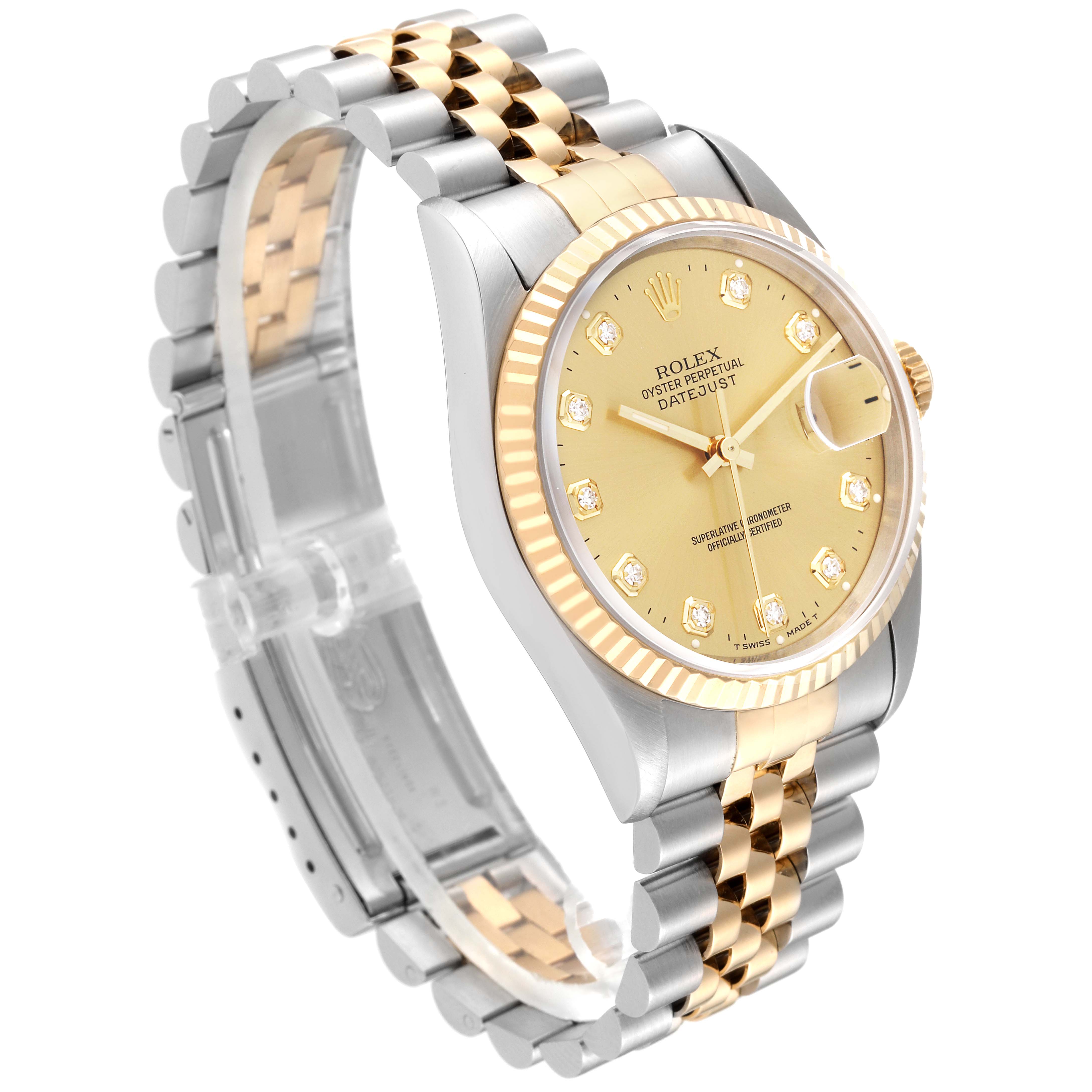 This image shows a Rolex Datejust 16233 Men's Steel and Gold (two tone) Champagne Dial 16233 Men's Steel and Gold (two tone) Champagne Dial watch at a three-quarter angle, highlighting the face, bezel, and two-tone bracelet.