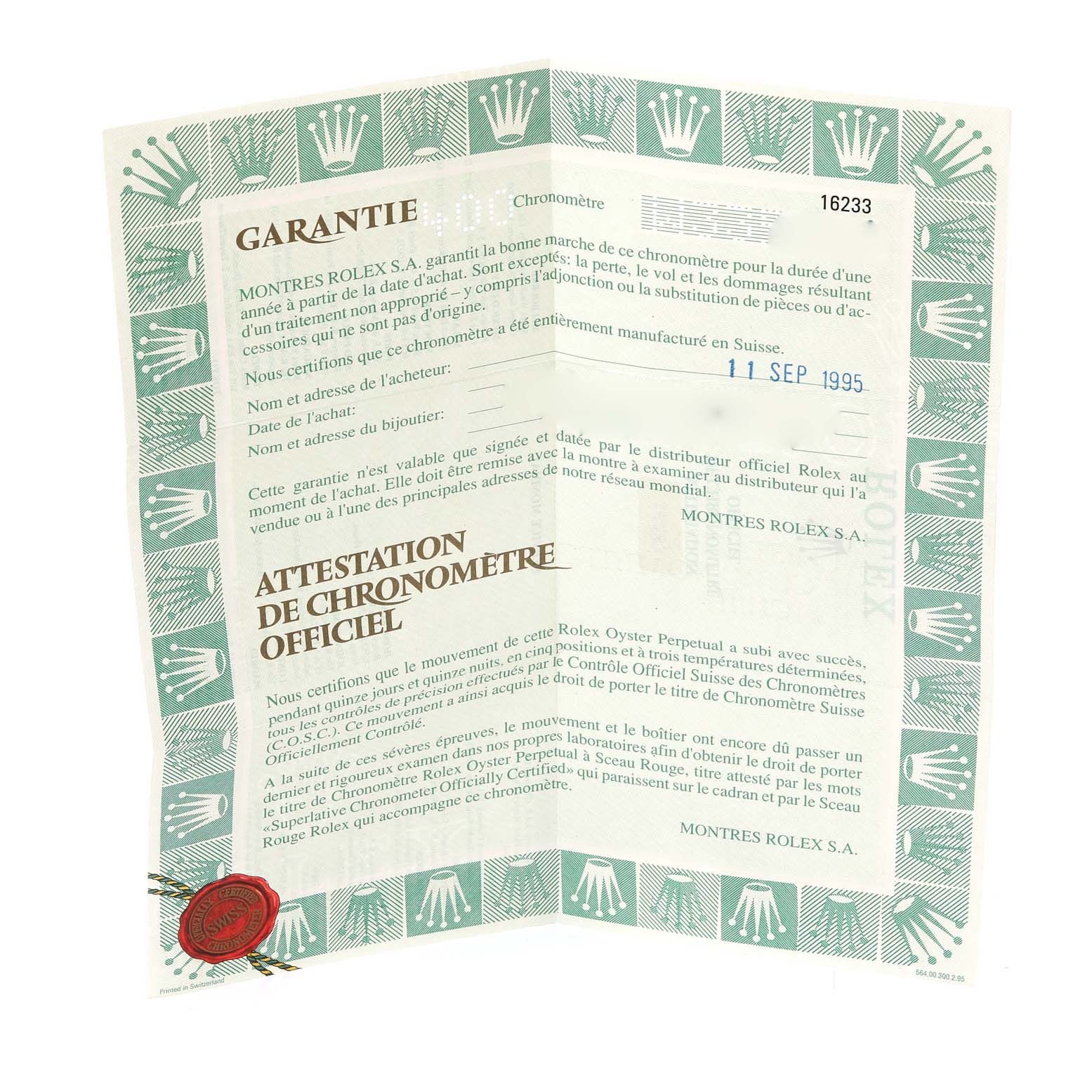 The image shows a folded warranty and official chronometer certification document for the Rolex Datejust 16233 Men's Steel and Gold (two tone) Champagne Dial 16233 Men's Steel and Gold (two tone) Champagne Dial model.