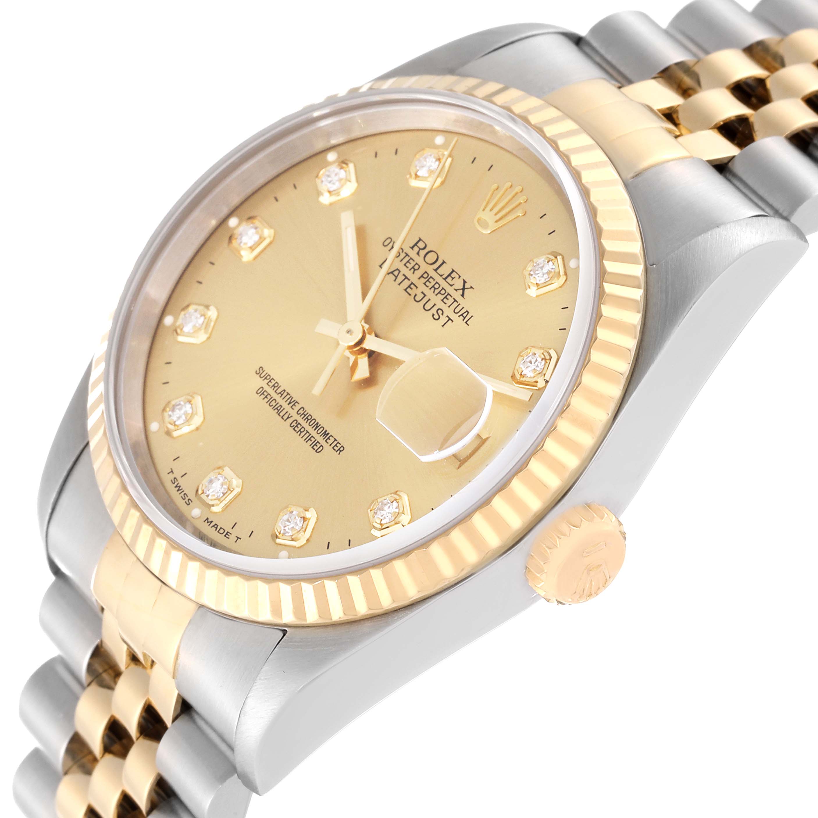 The image shows a Rolex Datejust 16233 Men's Steel and Gold (two tone) Champagne Dial 16233 Men's Steel and Gold (two tone) Champagne Dial watch at an angled close-up, highlighting the gold and silver dial, fluted bezel, crown, and bracelet.