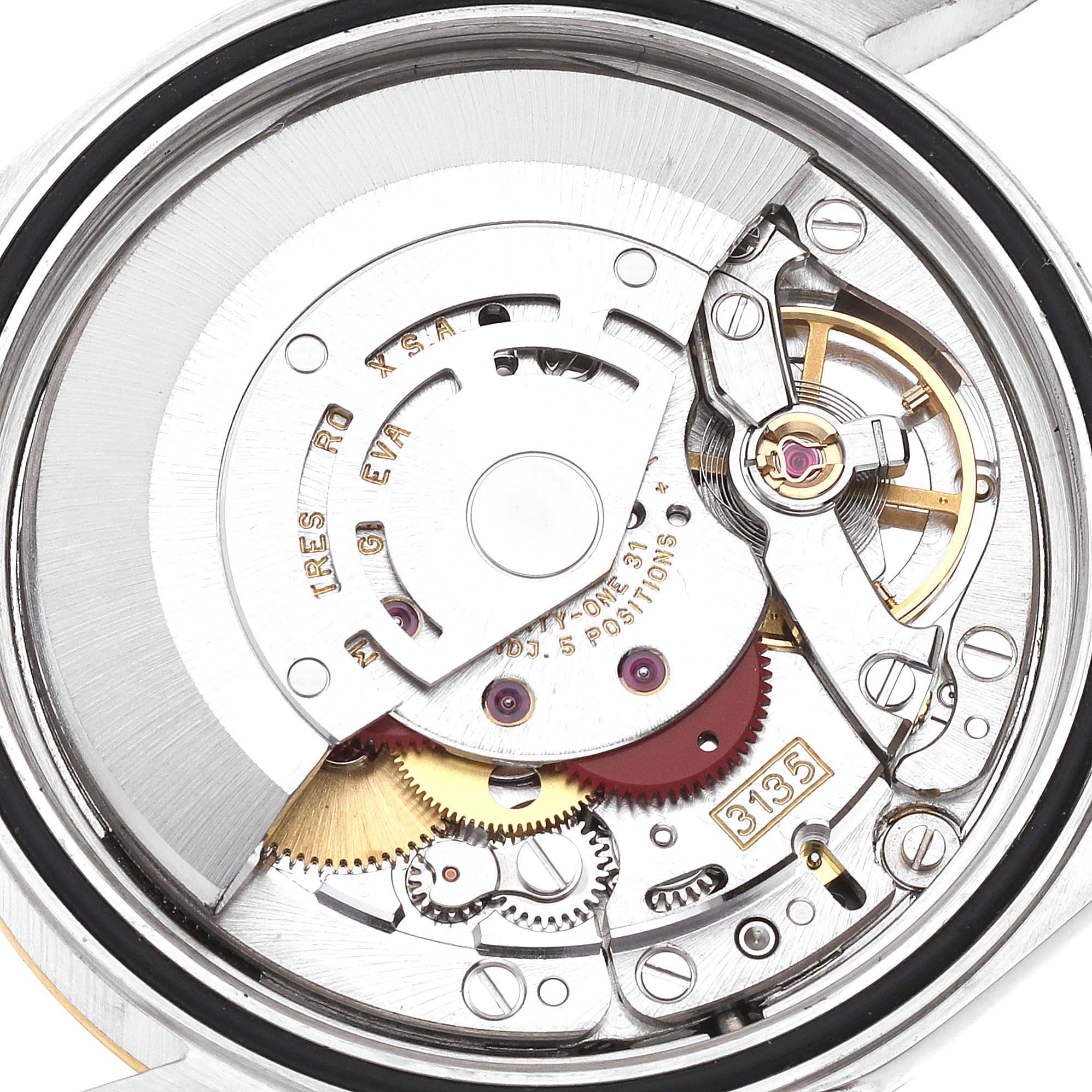 This image shows the inner mechanical movement of a Rolex Datejust 16233 Men's Steel and Gold (two tone) Champagne Dial 16233 Men's Steel and Gold (two tone) Champagne Dial watch, viewed from the back.
