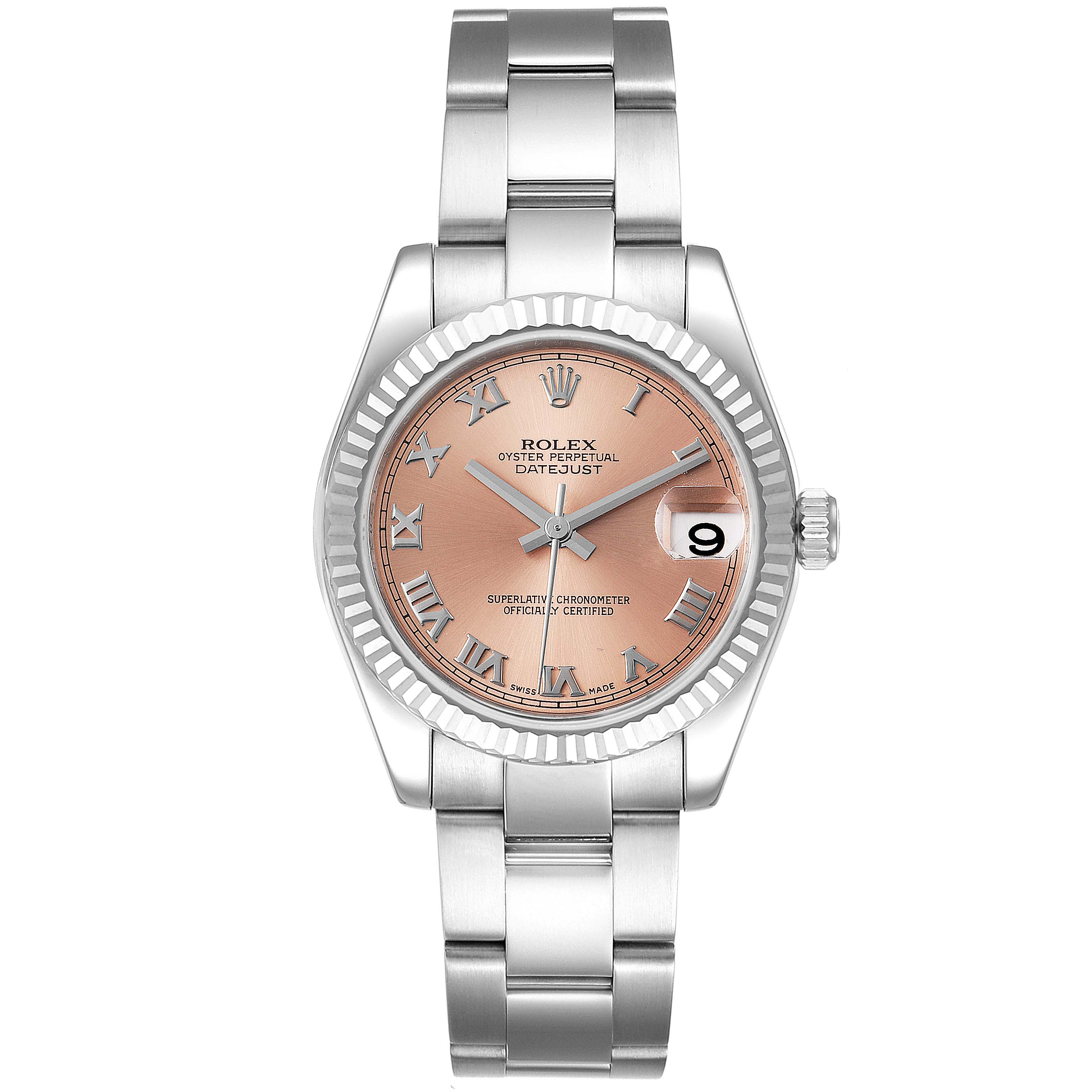 This image shows the front view of a Rolex Oyster Perpetual Datejust Mid-Size watch, displaying the dial, bracelet, and date magnifier.