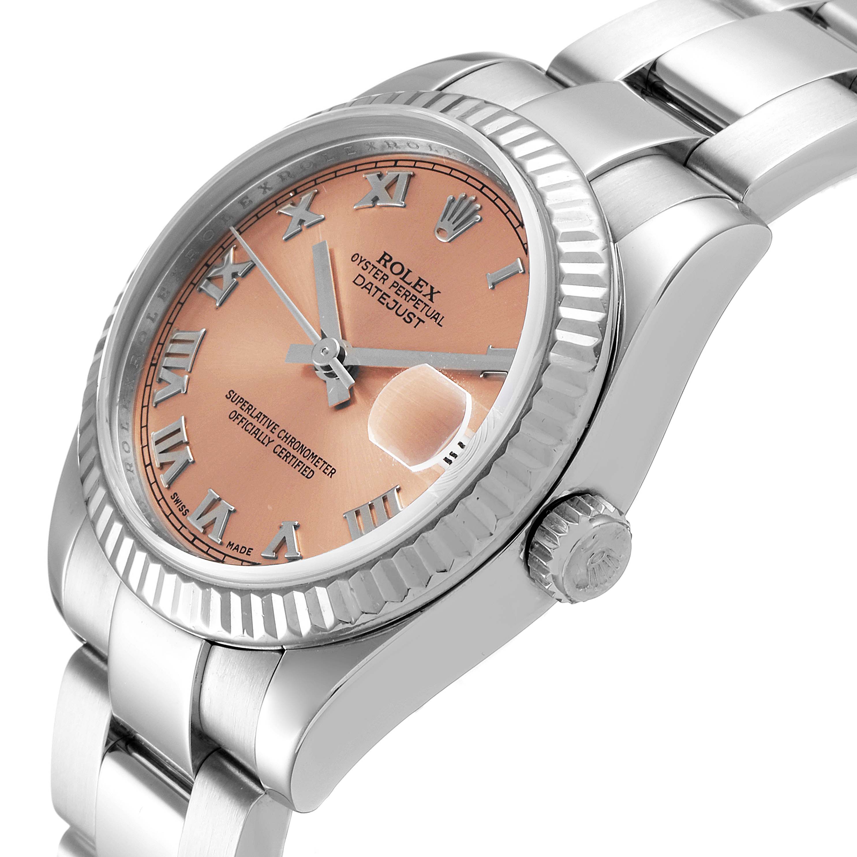This image showcases a close-up side angle of a Rolex Datejust Mid-Size watch, highlighting the bezel, dial, and bracelet.