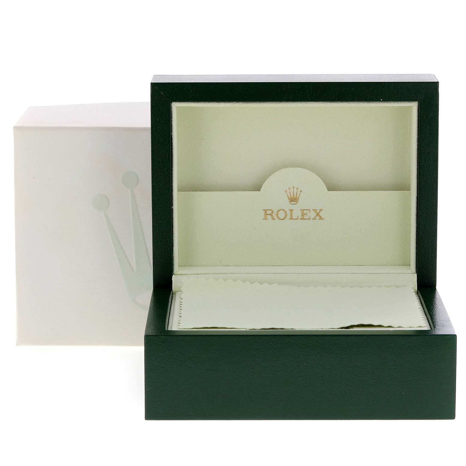 The image shows an open presentation box for a Mid-Size Rolex watch, displaying the interior with the Rolex logo.