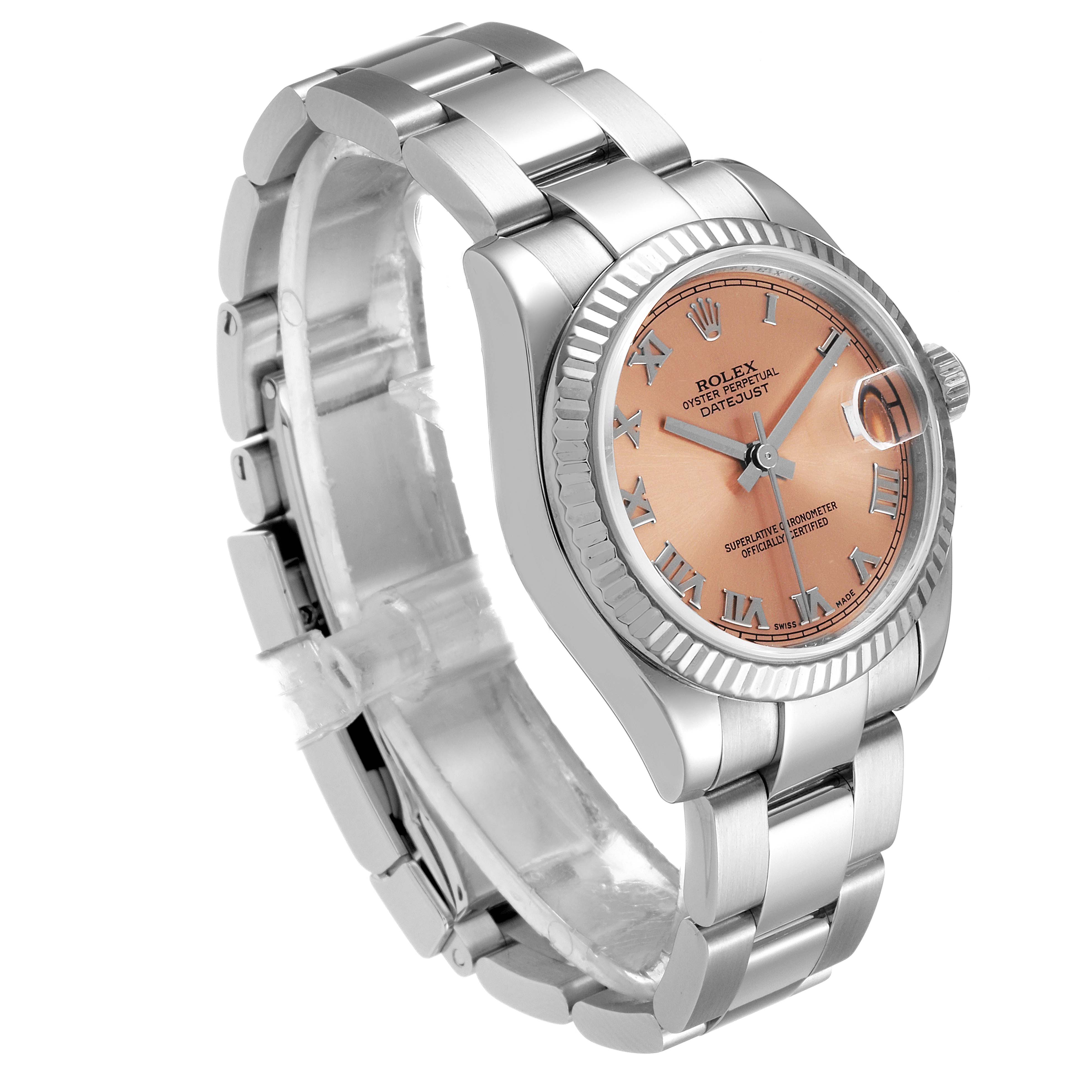 The image shows a side angle view of a Rolex Mid-Size 178274 Women's Stainless Steel Pink Dial 178274 Women's Stainless Steel Pink Dial Oyster Perpetual Datejust, highlighting the band, crystal, dial, and crown.