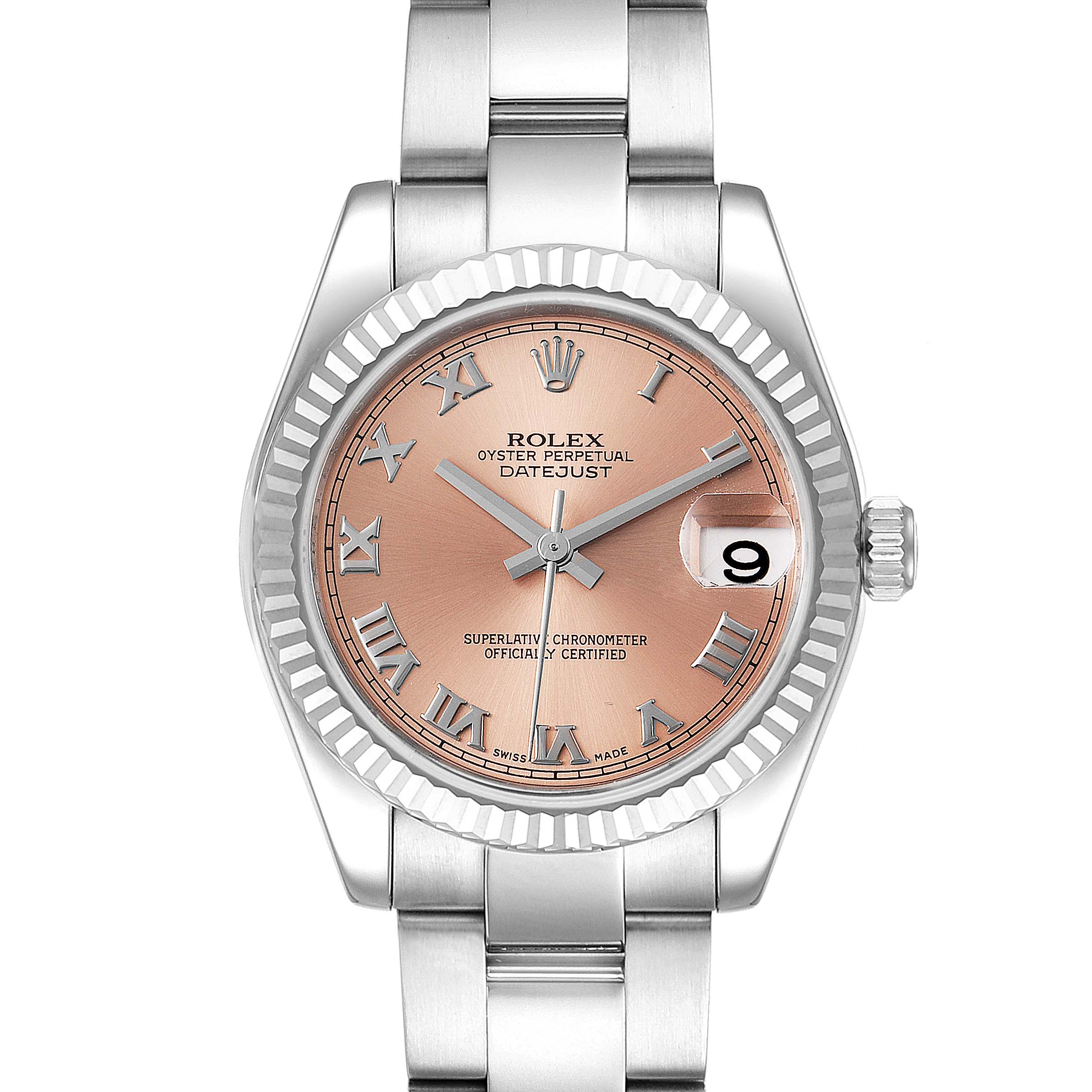This is a front-view image of a Rolex Oyster Perpetual Datejust Mid-Size watch, showcasing its dial, bezel, and bracelet.