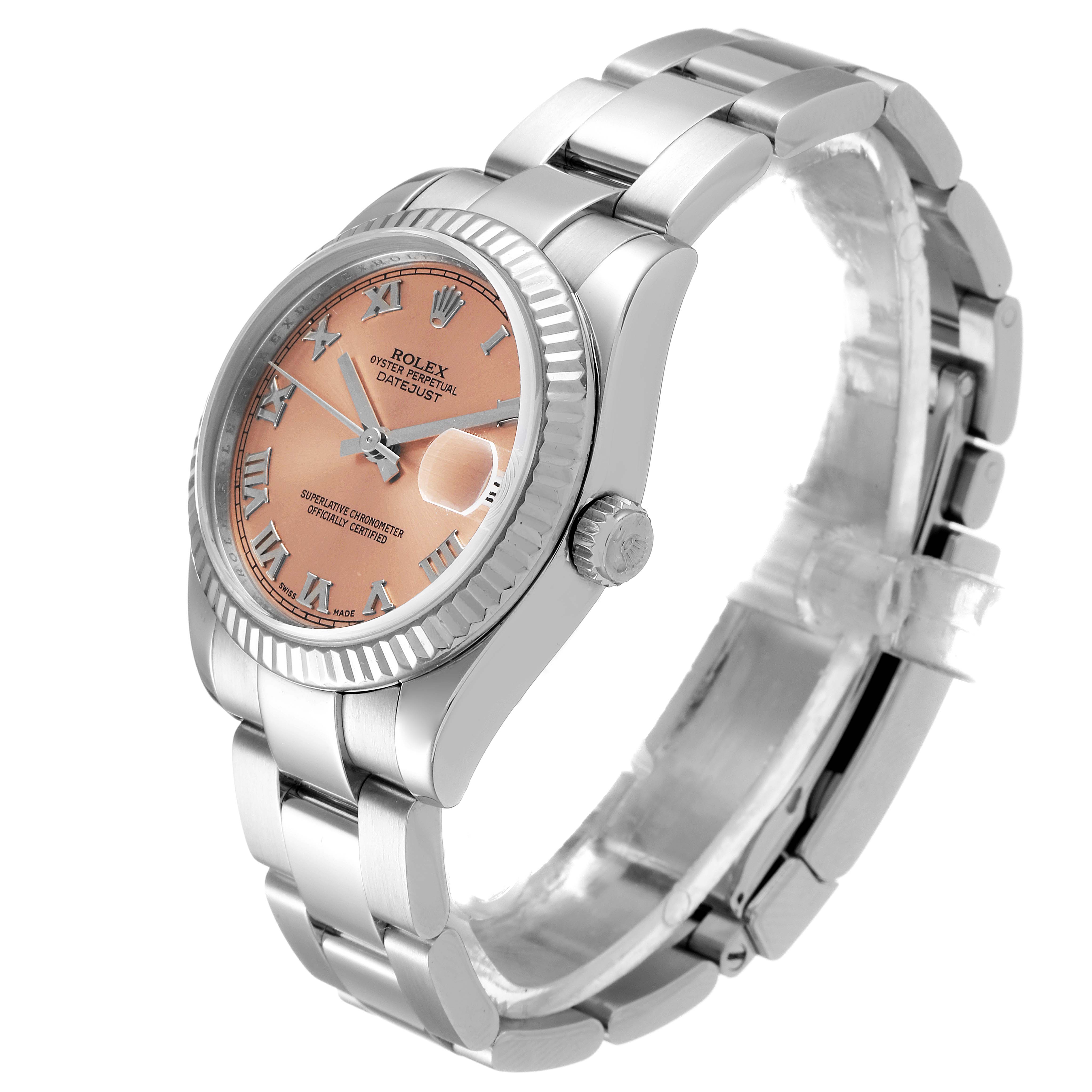 This Rolex Mid-Size 178274 Women's Stainless Steel Pink Dial 178274 Women's Stainless Steel Pink Dial Datejust watch is shown at a three-quarter angle, displaying the dial, bezel, bracelet, and crown.