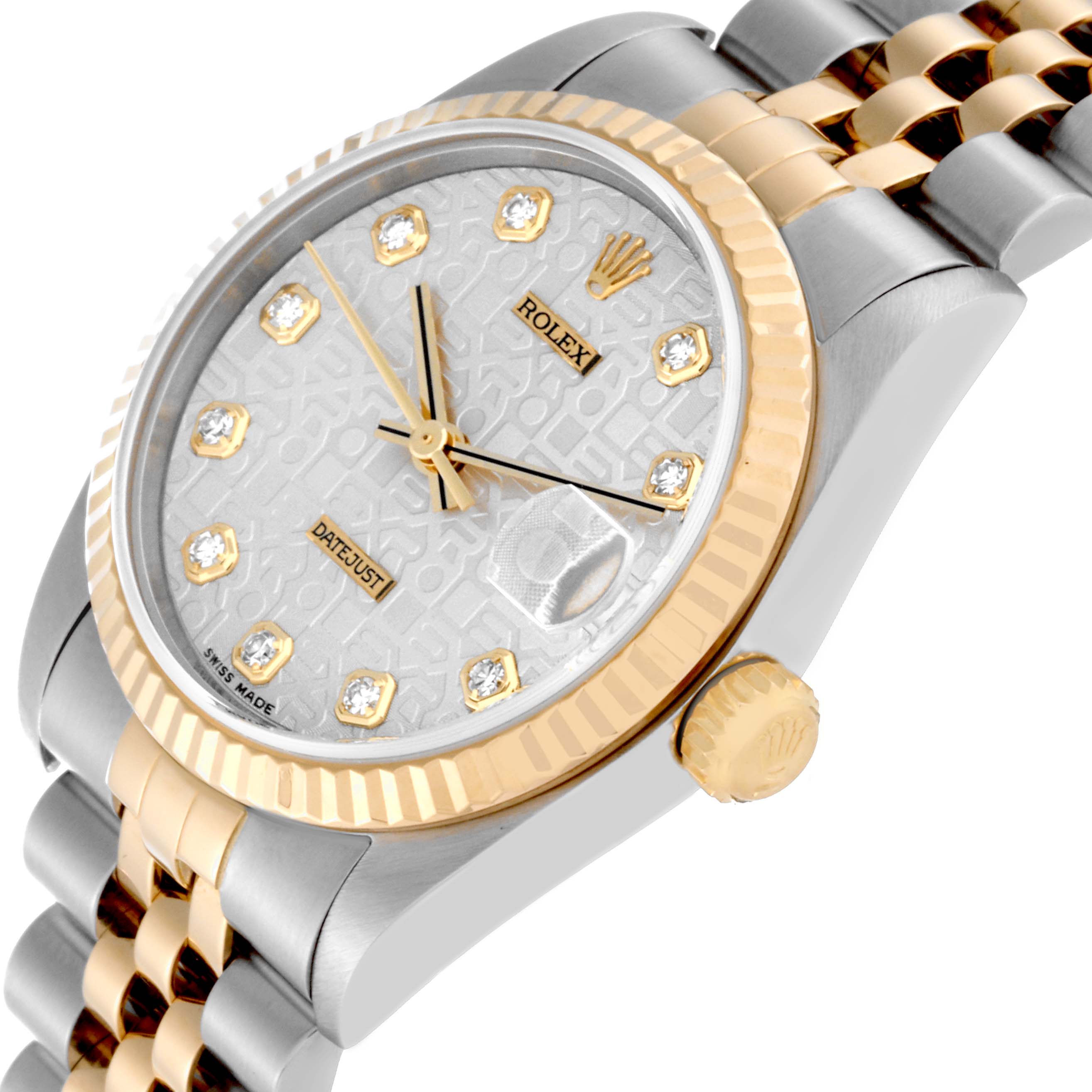 The image shows a close-up angled view of a Rolex Mid-Size 78273 Women
s Steel and Gold (two tone) Silver Dial 78273 Women
s Steel and Gold (two tone) Silver Dial watch, highlighting the dial, bezel, crown, and part of the bracelet.