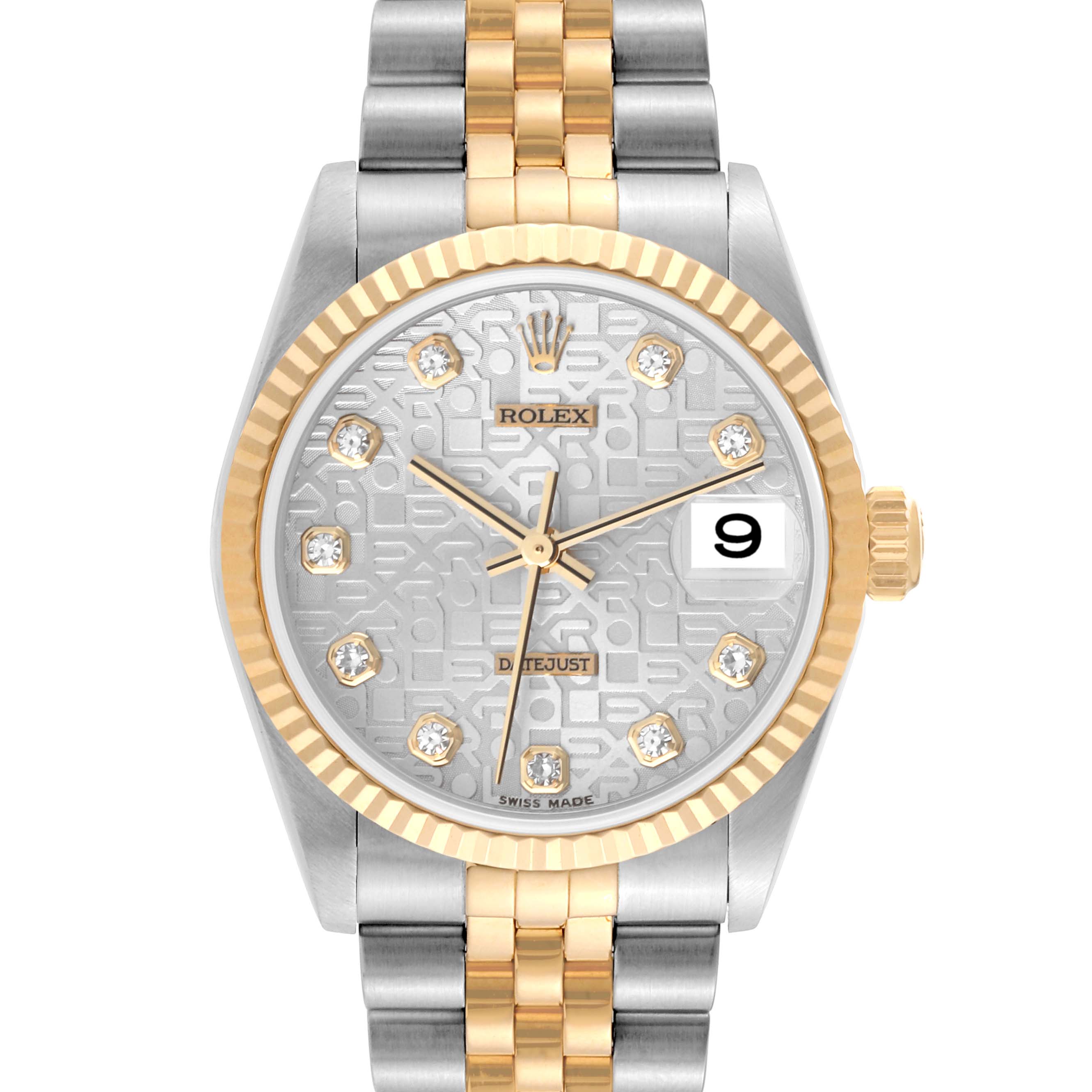 This Mid-Size Rolex watch is shown from the front, displaying its dial, bezel, and part of the bracelet.