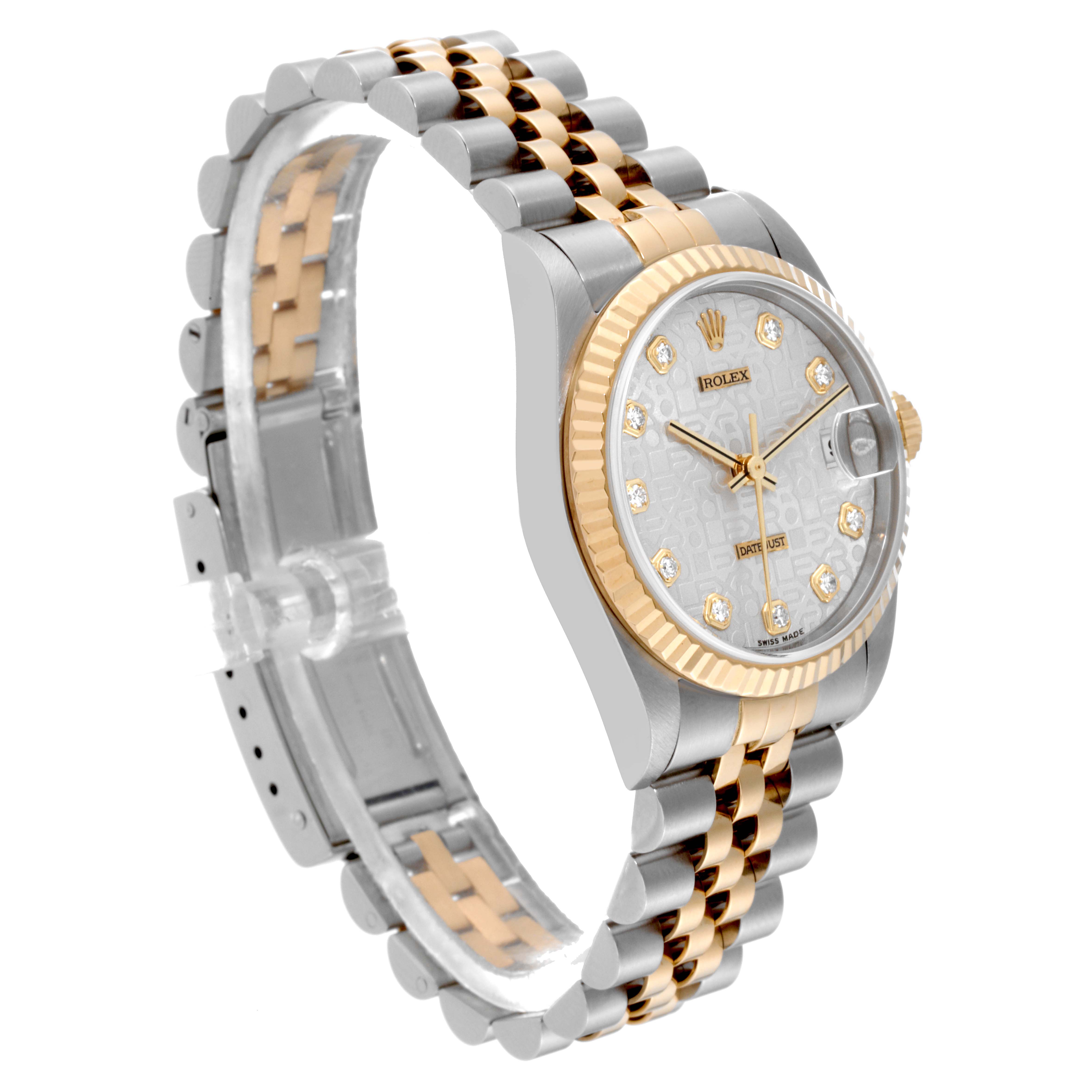 The Rolex Mid-Size 78273 Women
s Steel and Gold (two tone) Silver Dial 78273 Women
s Steel and Gold (two tone) Silver Dial model watch is shown at a three-quarter angle, displaying its dial, bracelet, bezel, and winder.