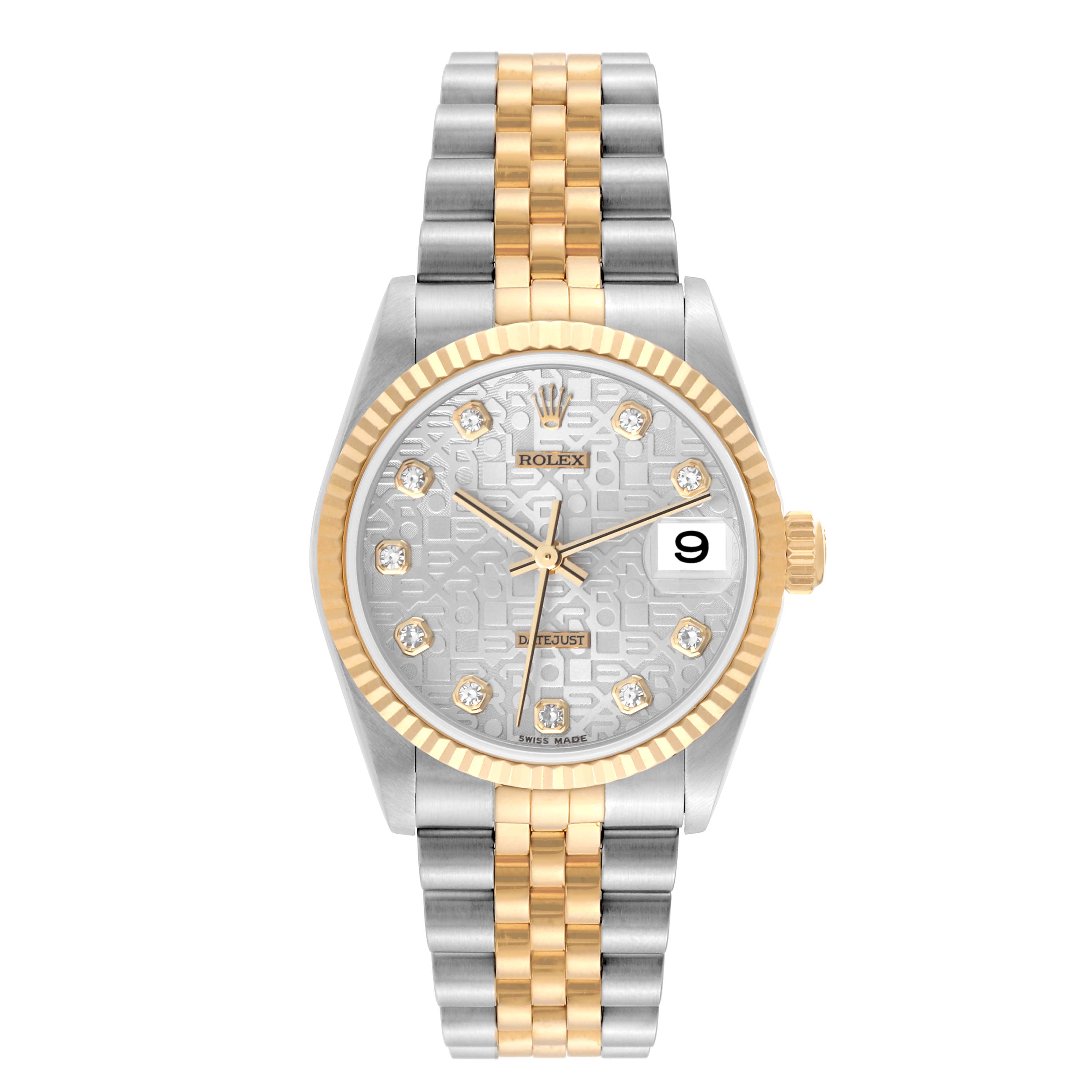 The image shows a frontal view of a Rolex Datejust Mid-Size watch, highlighting the face, bezel, and two-tone bracelet.
