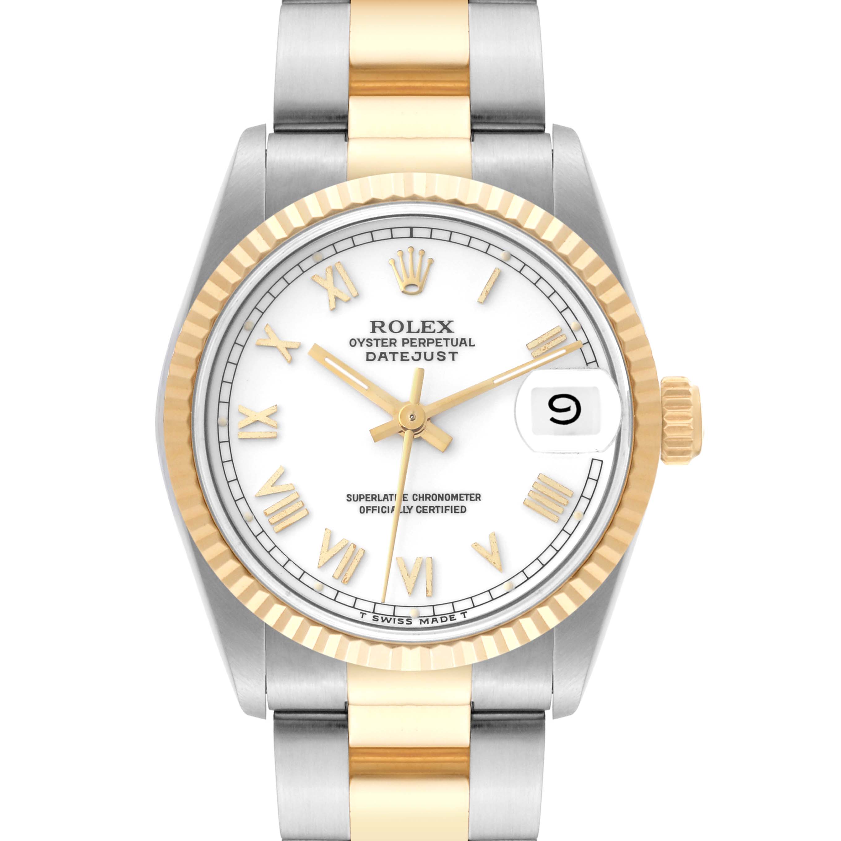 The image shows a front view of a Rolex Oyster Perpetual Datejust Mid-Size watch with a two-tone bracelet and a white dial.